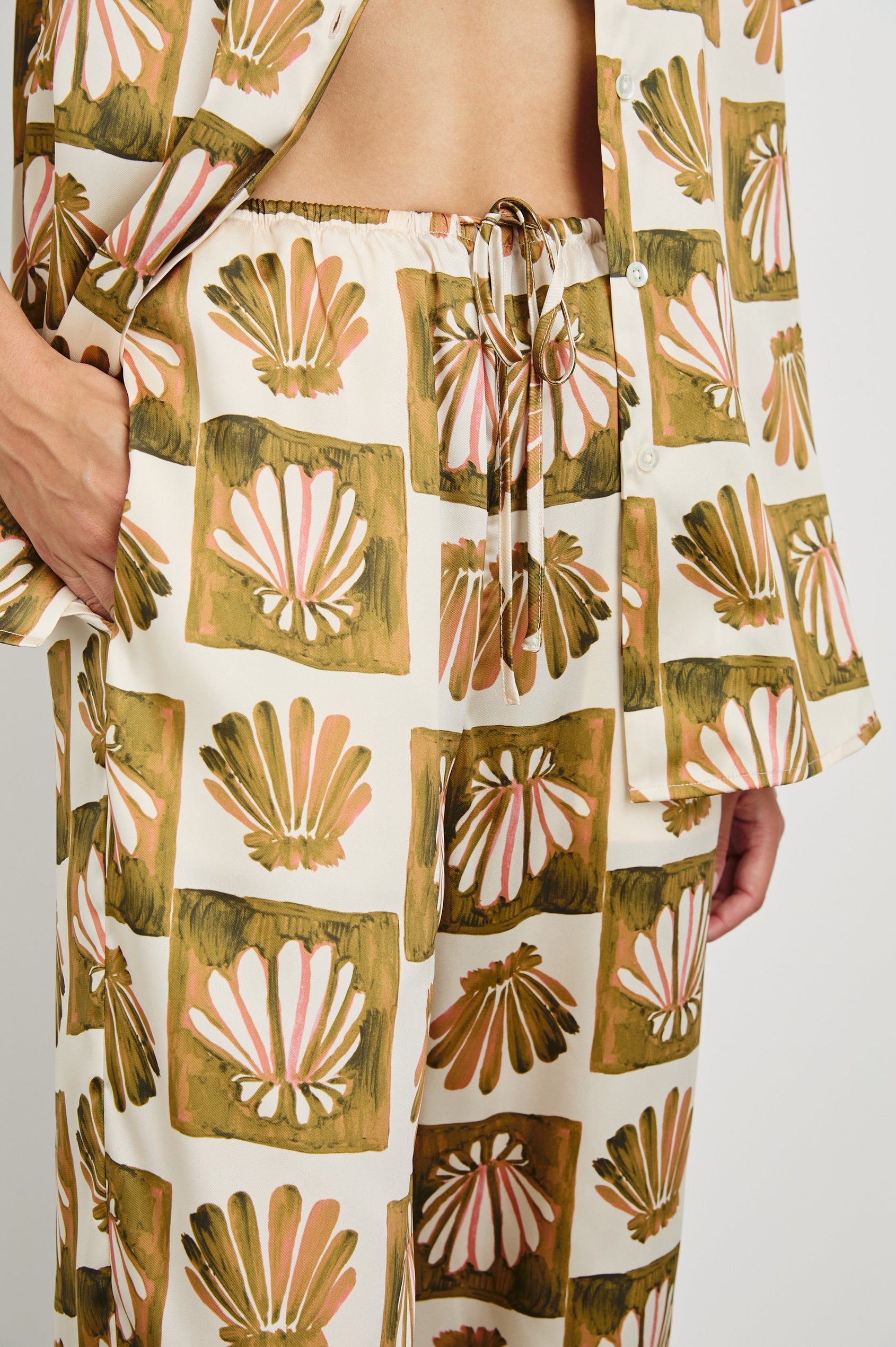 Damani Wide Leg Drawstring Pant with Side Pockets in Checkered Shells Colorway. Front Detailed View Shown on Model.