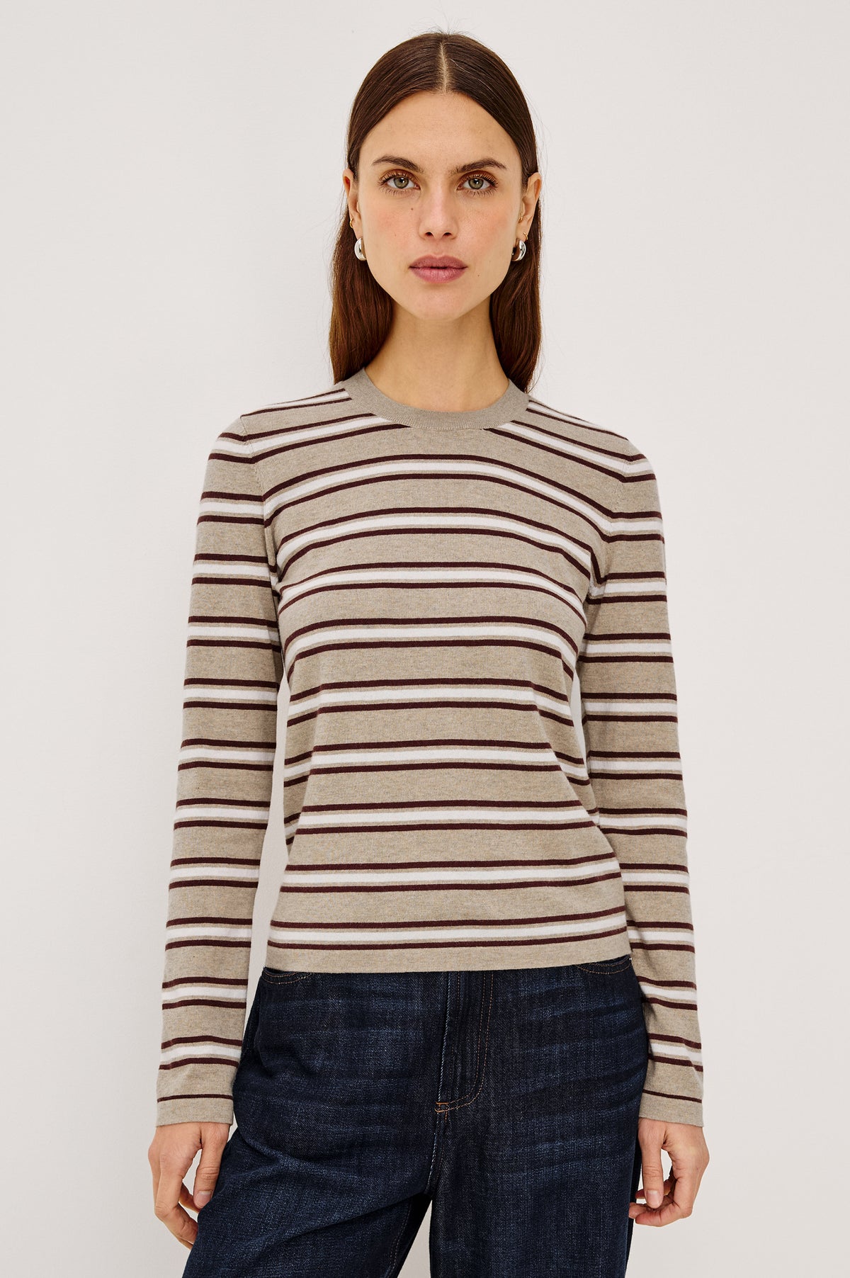 Cotton Cashmere Long Sleeve T-Shirt With Slim Fit, Ribbed Crew Neck, Cuffs, and Hem, and Long Sleeves in Heather Oat Stripe Colorway - Upper Body Front View Featured on Model