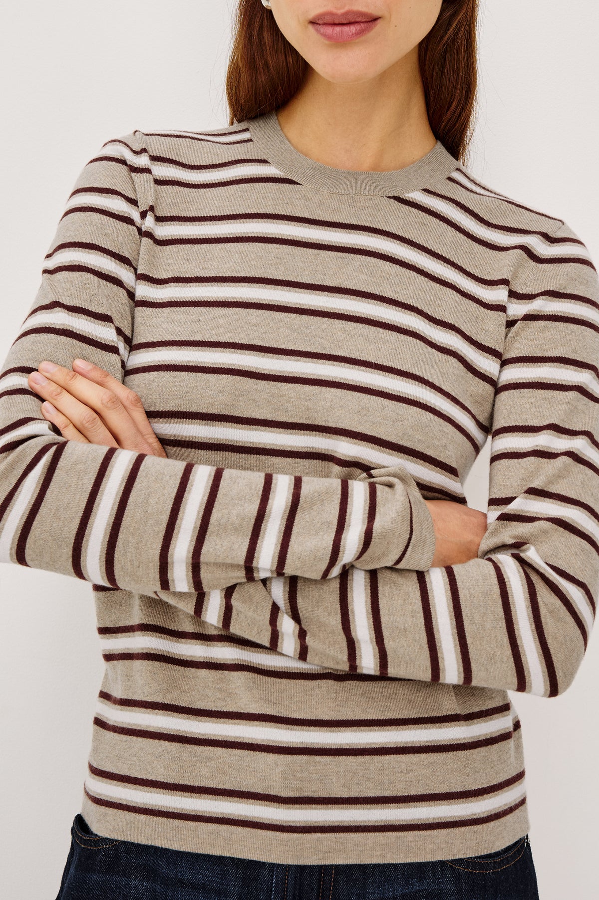 Cotton Cashmere Long Sleeve T-Shirt With Slim Fit, Ribbed Crew Neck, Cuffs, and Hem, and Long Sleeves in Heather Oat Stripe Colorway - Upper Body Front View Featured on Model
