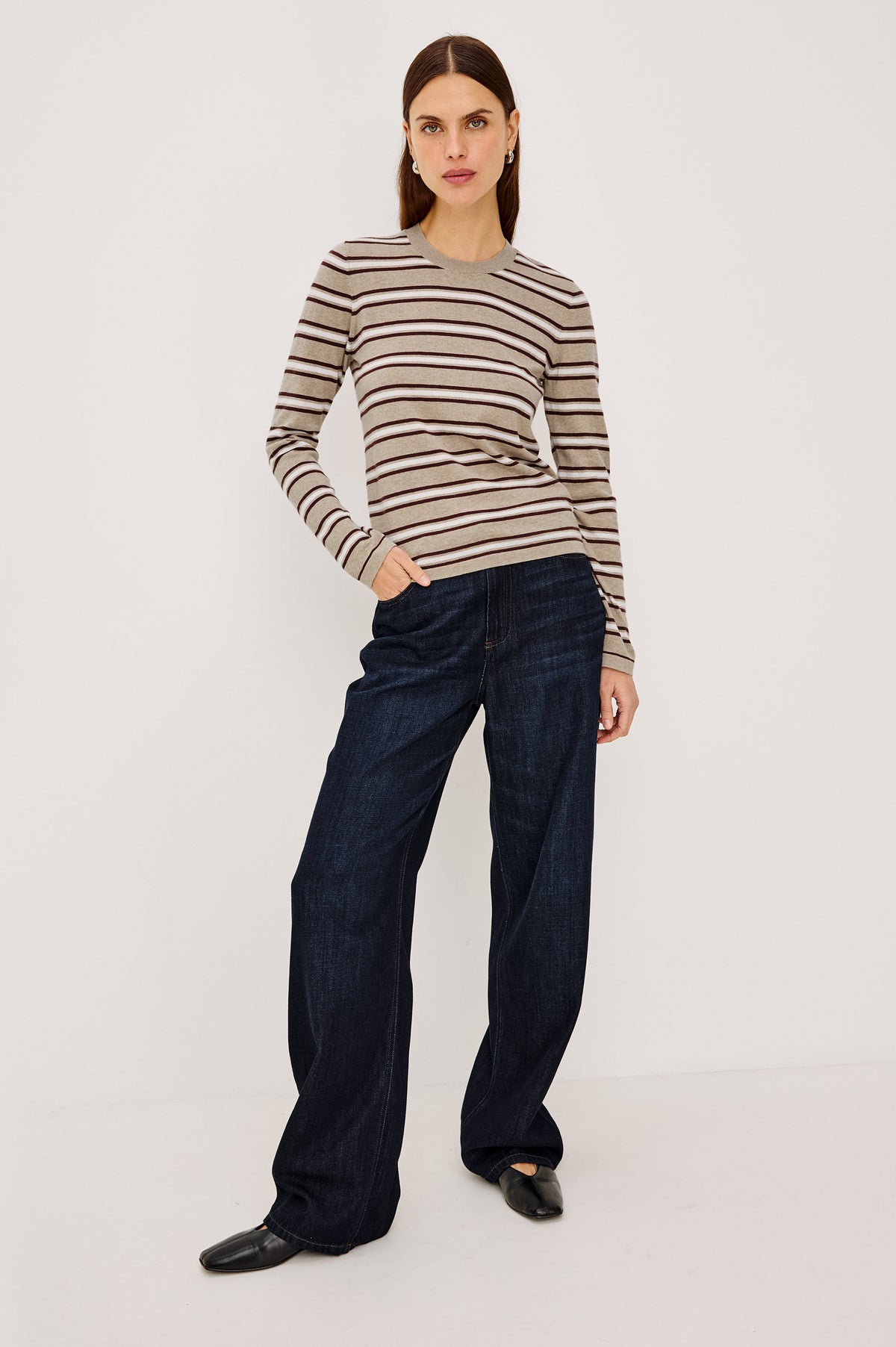 Cotton Cashmere Long Sleeve T-Shirt With Slim Fit, Ribbed Crew Neck, Cuffs, and Hem, and Long Sleeves in Heather Oat Stripe Colorway - Full Body Front View Featured on Model