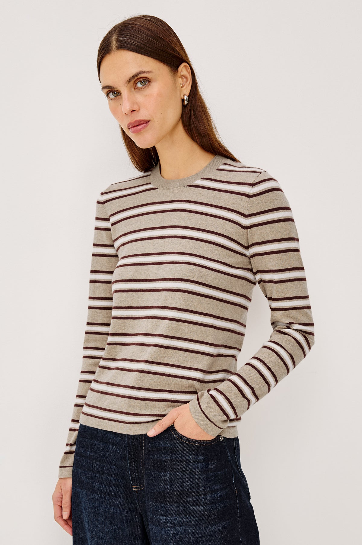 Cotton Cashmere Long Sleeve T-Shirt With Slim Fit, Ribbed Crew Neck, Cuffs, and Hem, and Long Sleeves in Heather Oat Stripe Colorway - Upper Body Front View Featured on Model