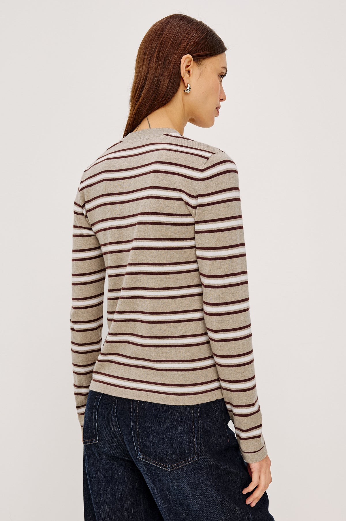 Cotton Cashmere Long Sleeve T-Shirt With Slim Fit, Ribbed Crew Neck, Cuffs, and Hem, and Long Sleeves in Heather Oat Stripe Colorway - Upper Body Back View Featured on Model