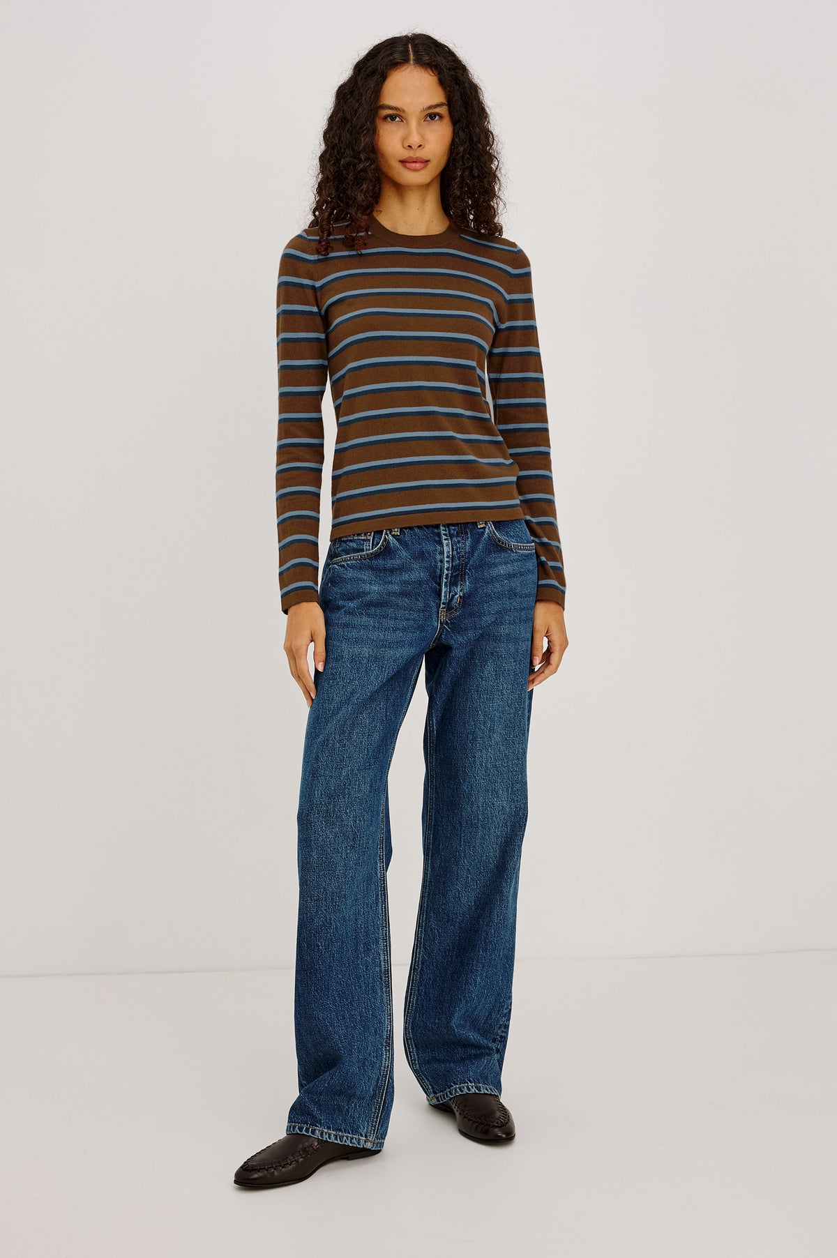 Cotton-Cashmere Long Sleeve T-Shirt With Slim Fit, Ribbed Crew Neck, Cuffs, and Hem, and Long Sleeves in Mocha Stripe Colorway - Full Body Front View Featured on Model