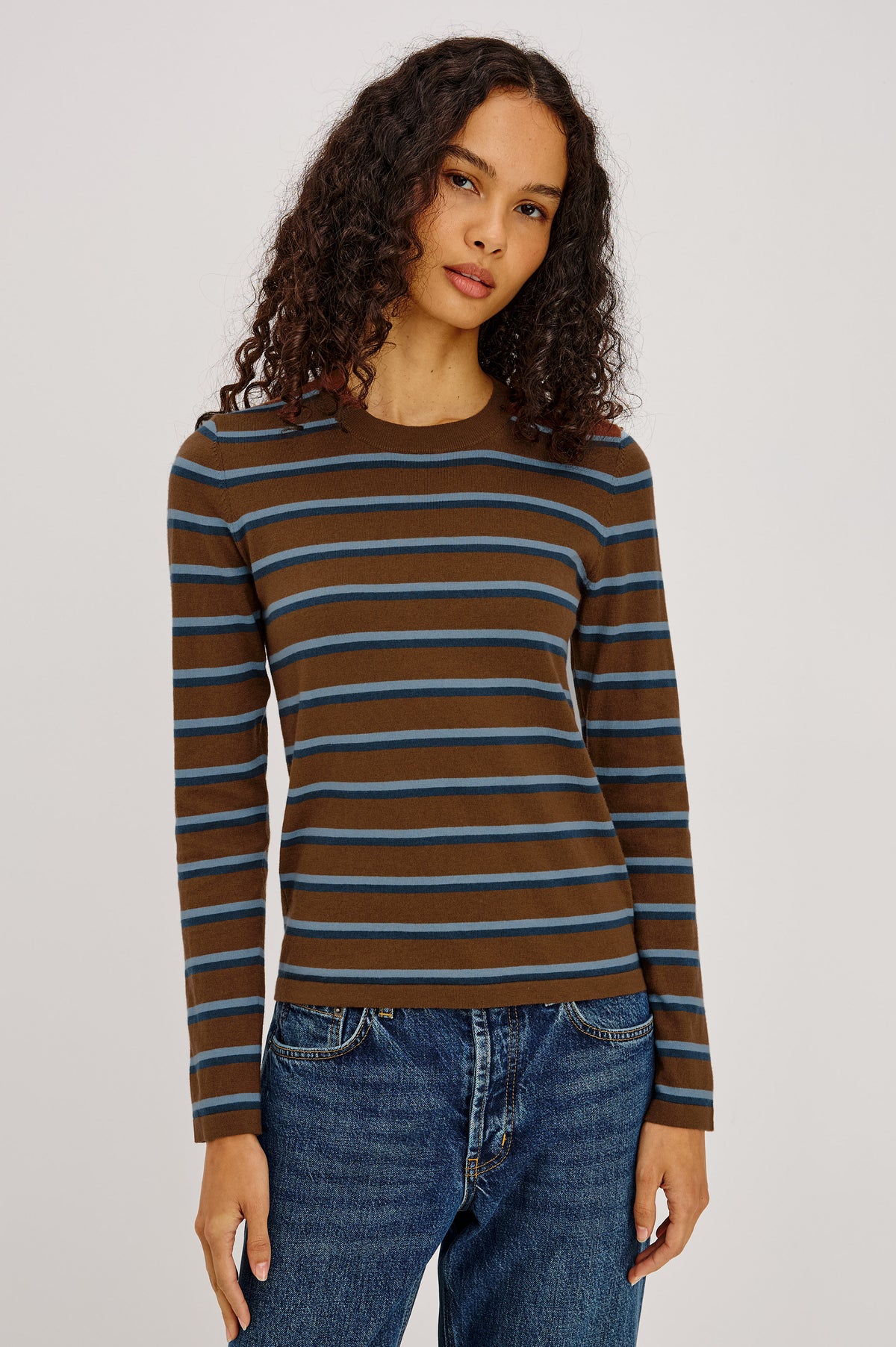 Cotton-Cashmere Long Sleeve T-Shirt With Slim Fit, Ribbed Crew Neck, Cuffs, and Hem, and Long Sleeves in Mocha Stripe Colorway - Upper Body Front View Featured on Model