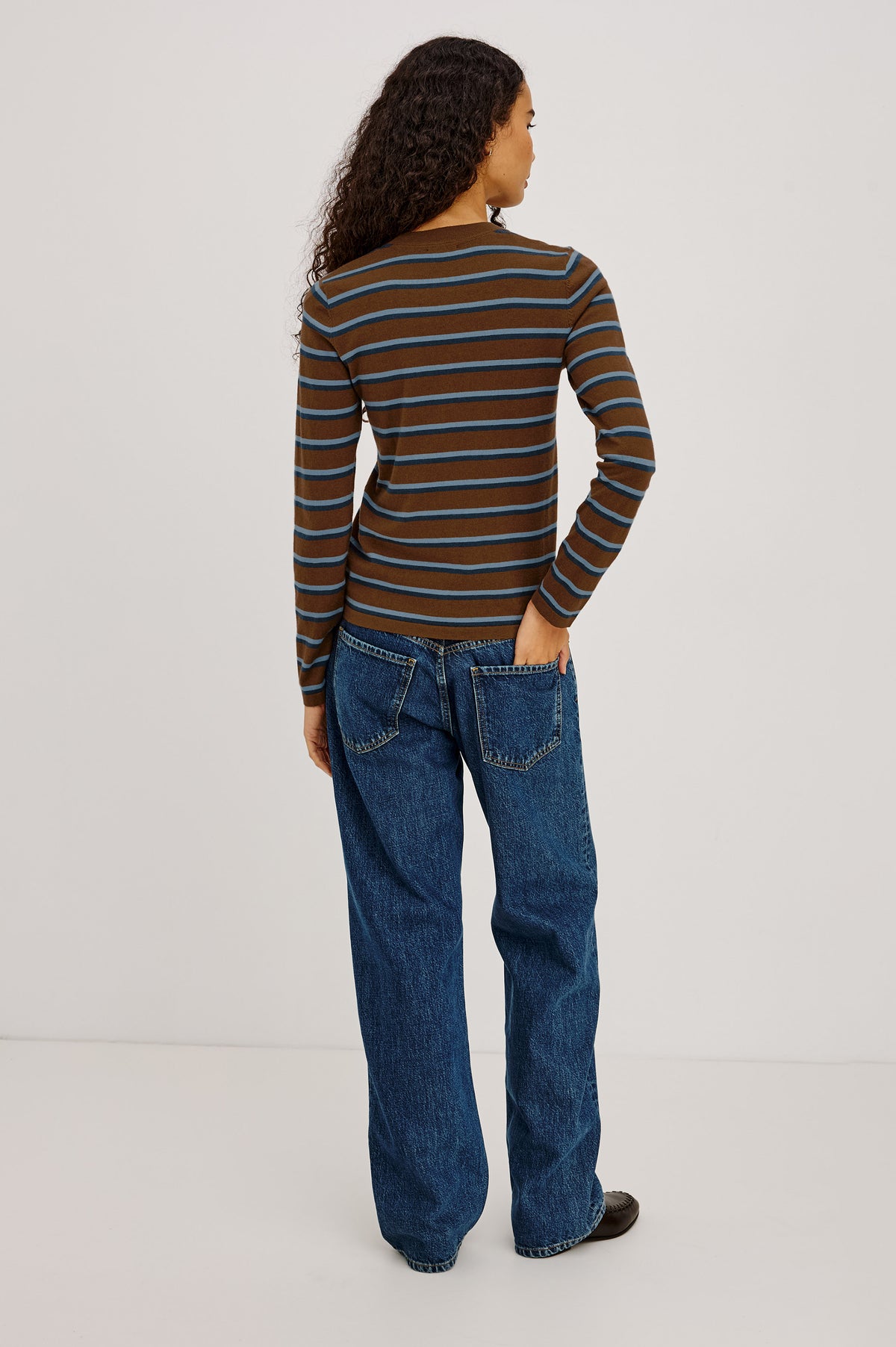 Cotton-Cashmere Long Sleeve T-Shirt With Slim Fit, Ribbed Crew Neck, Cuffs, and Hem, and Long Sleeves in Mocha Stripe Colorway - Full Body Back View Featured on Model