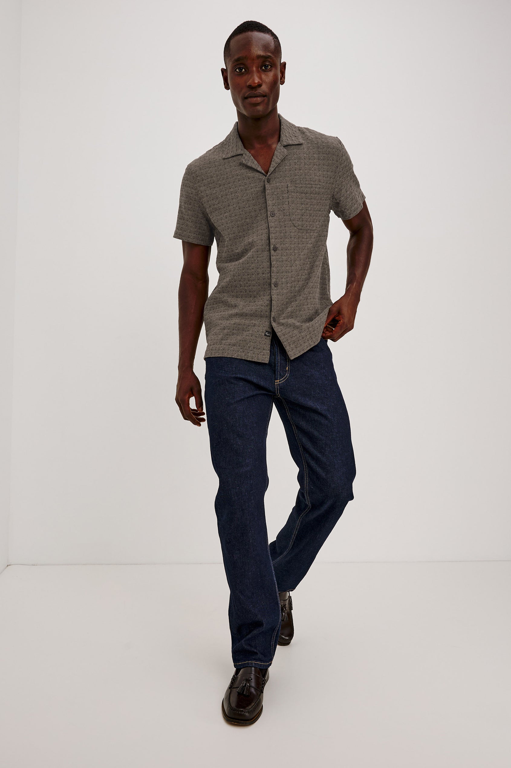 Davis Shirt in Cotton-Hemp Blend With Short Sleeves, Collar, Front Buttons, and Classic Fit in Coffee Jupe Colorway - Full Body Front View Featured on Model
