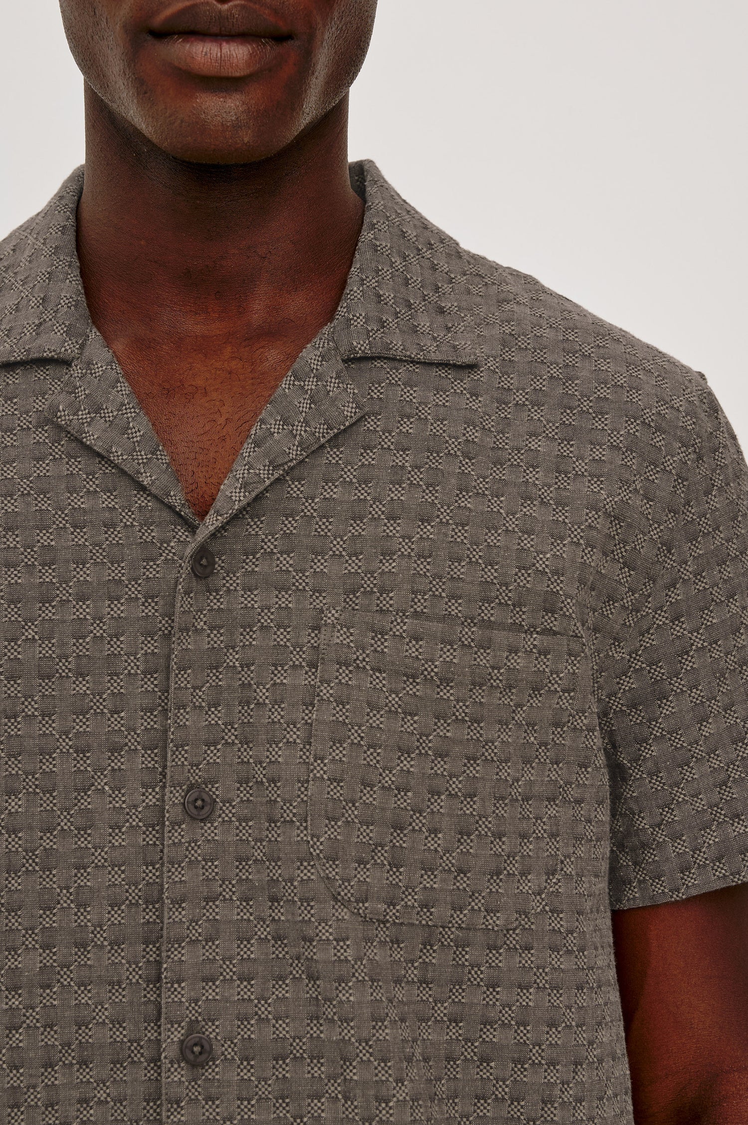 Davis Shirt in Cotton-Hemp Blend With Short Sleeves, Collar, Front Buttons, and Classic Fit in Coffee Jupe Colorway - Upper Body Front View Featured on Model