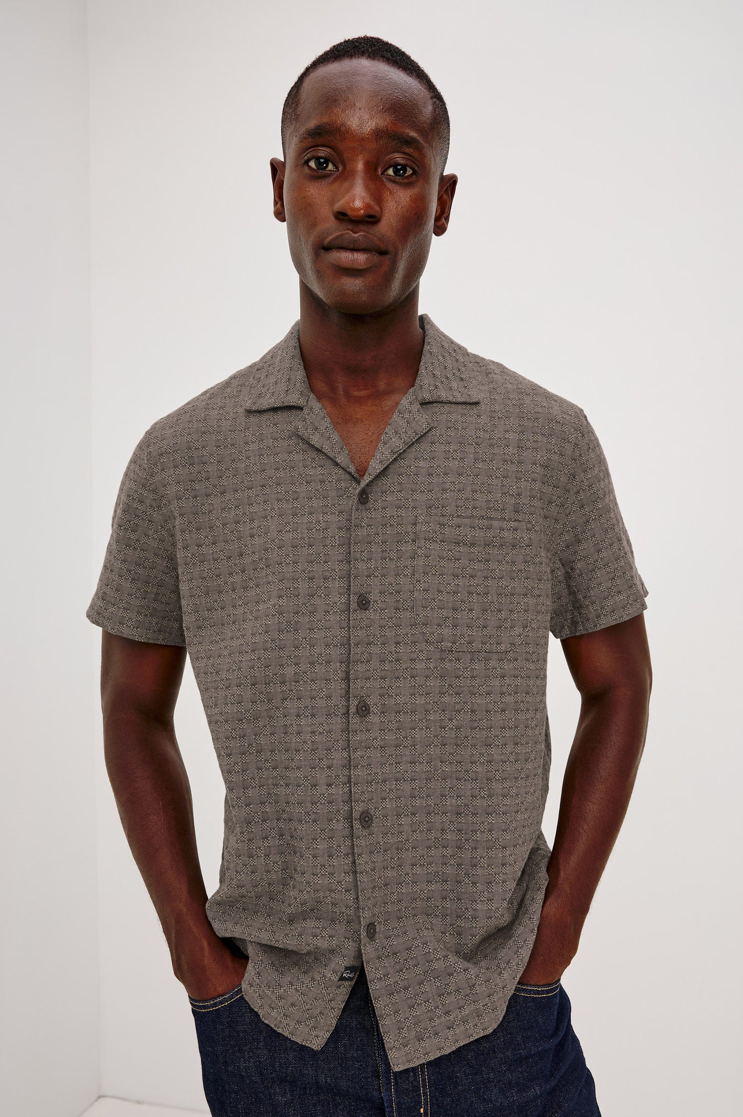 Davis Shirt in Cotton-Hemp Blend With Short Sleeves, Collar, Front Buttons, and Classic Fit in Coffee Jupe Colorway - Upper Body Front View Featured on Model