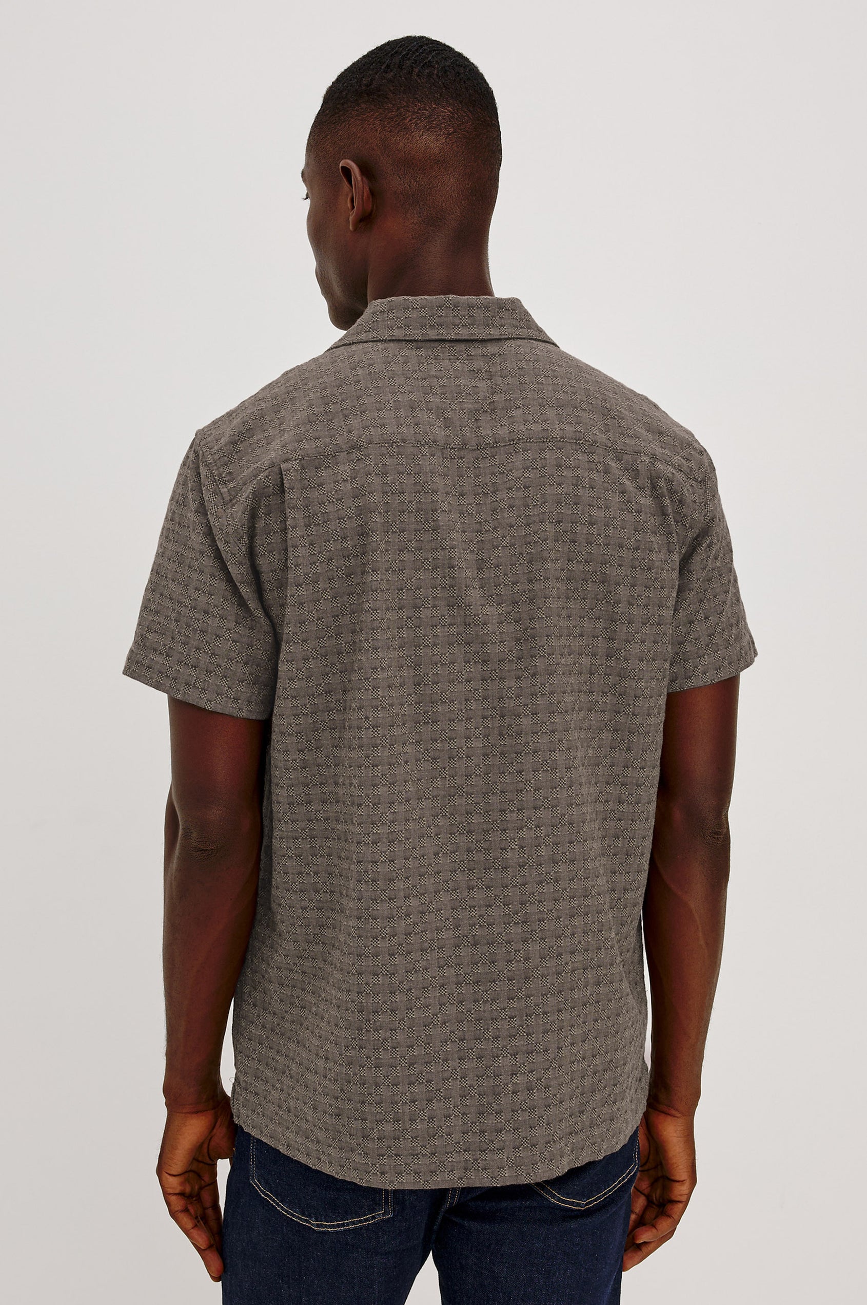 Davis Shirt in Cotton-Hemp Blend With Short Sleeves, Collar, Front Buttons, and Classic Fit in Coffee Jupe Colorway - Upper Body Back View Featured on Model