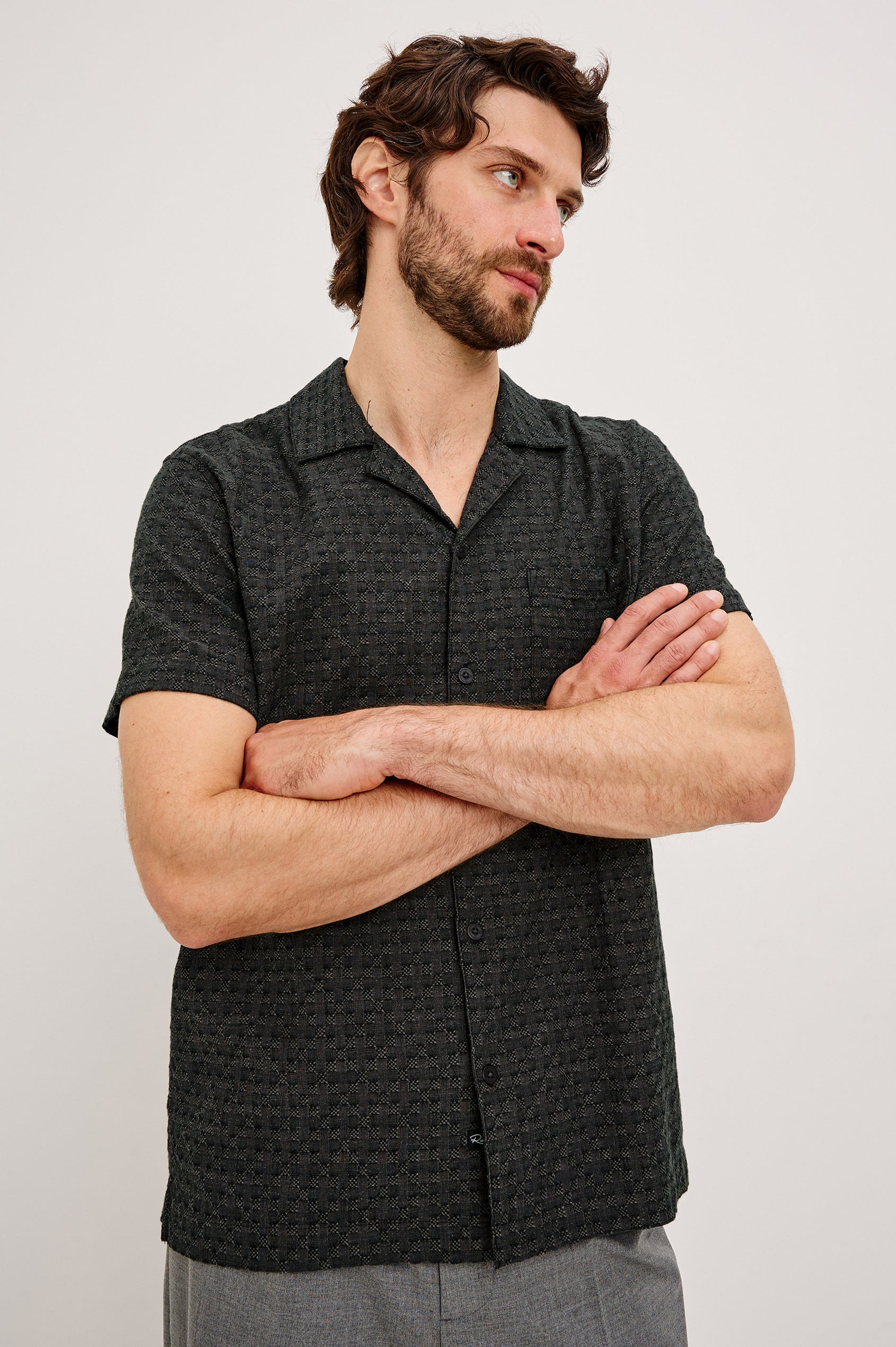 Davis Shirt in Cotton-Hemp Blend With Short Sleeves, Collar, Front Buttons, and Classic Fit in Midnight Jupe Colorway - Upper Body Front View Featured on Model