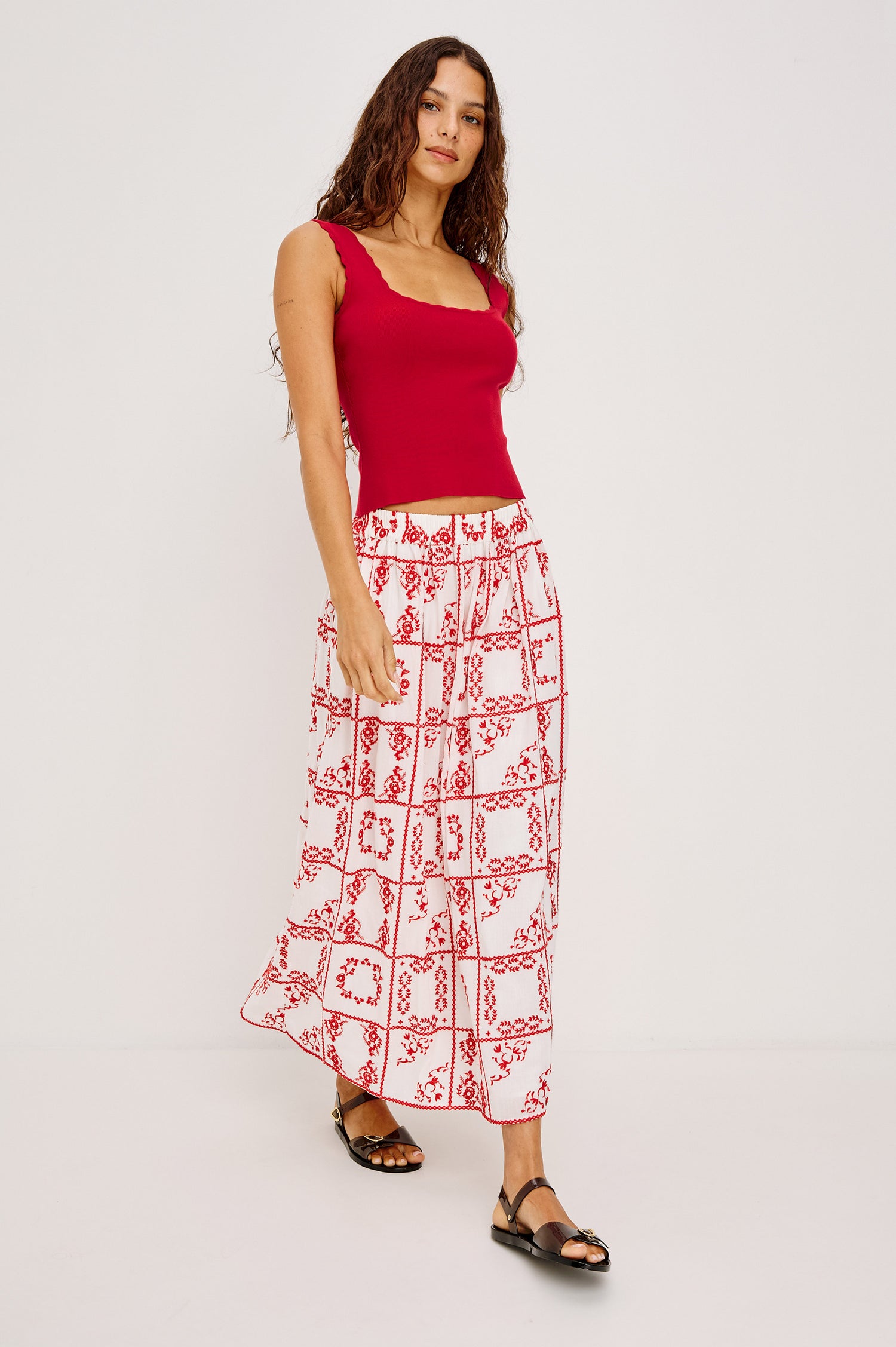 Dax Maxi Skirt With Elastic Waistband, A-Line Silhouette, and is Fully Lined - Full Body Front View Featured on Model