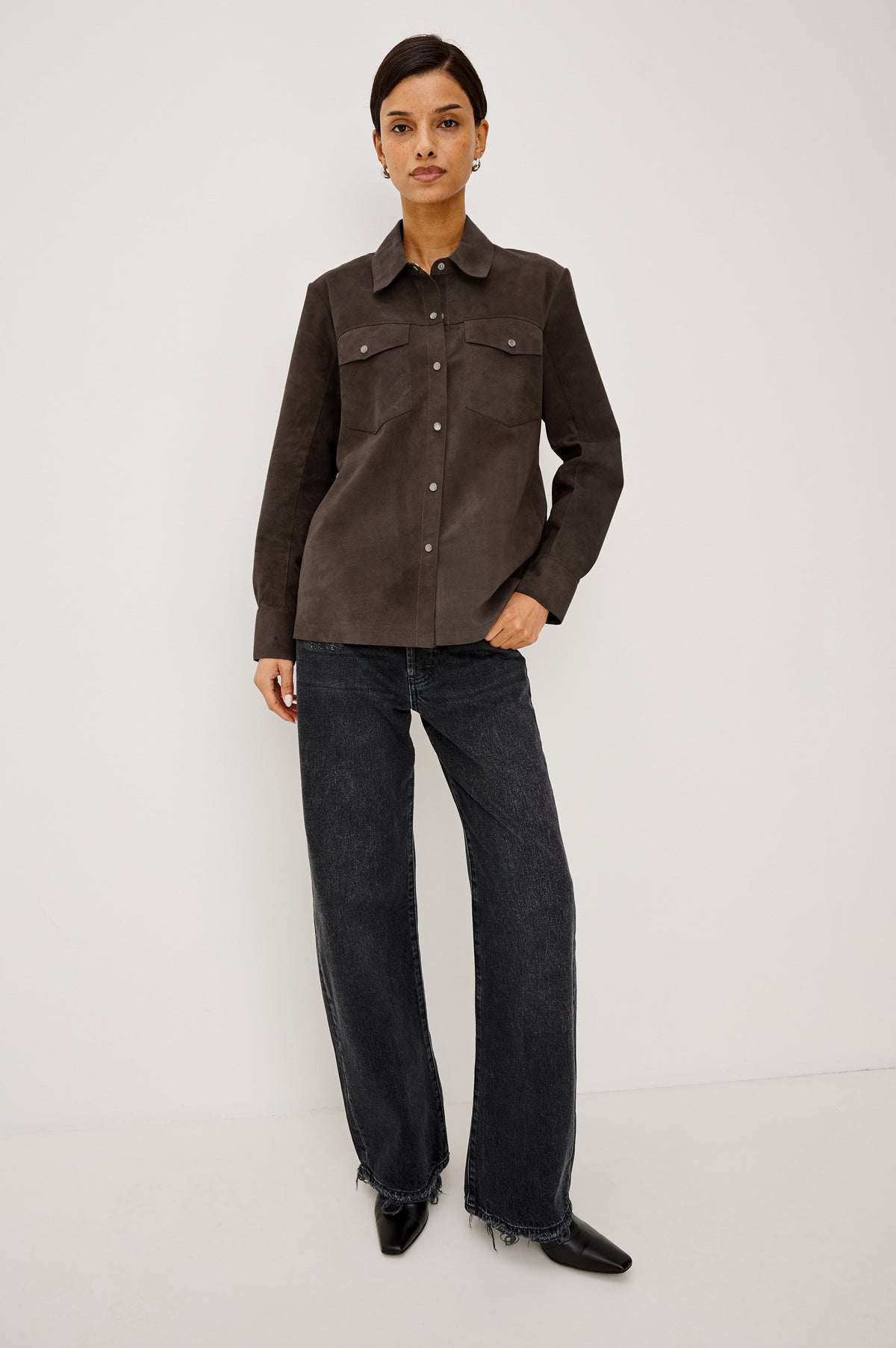 Dean Overshirt in Smooth Suede With Relaxed, Slightly Oversized Fit, Snap-Button Front, Point Collar, Dual Chest Patch Pockets, and Long Sleeves in Espresso Colorway - Full Body Front View Featured on Model