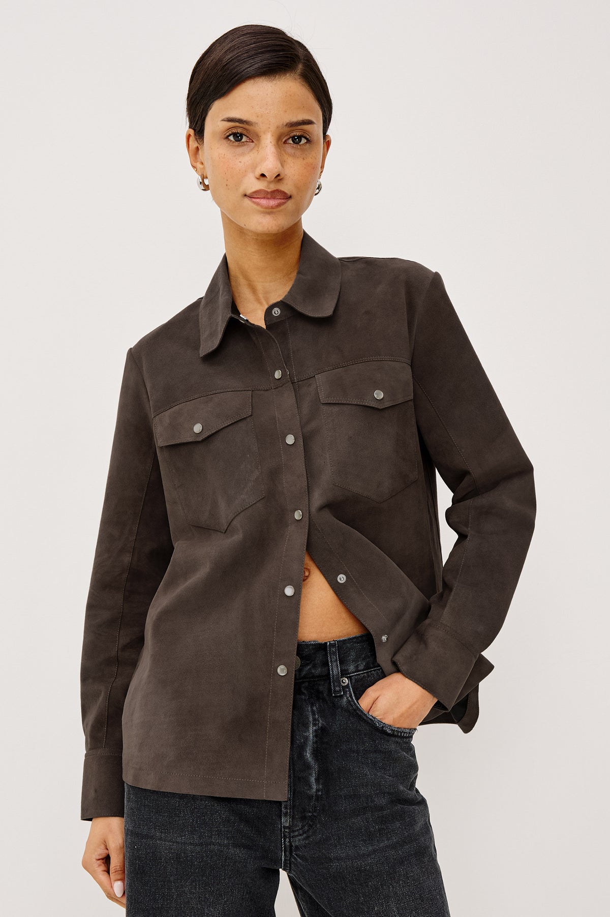 Dean Overshirt in Smooth Suede With Relaxed, Slightly Oversized Fit, Snap-Button Front, Point Collar, Dual Chest Patch Pockets, and Long Sleeves in Espresso Colorway - Upper Body Front View Featured on Model