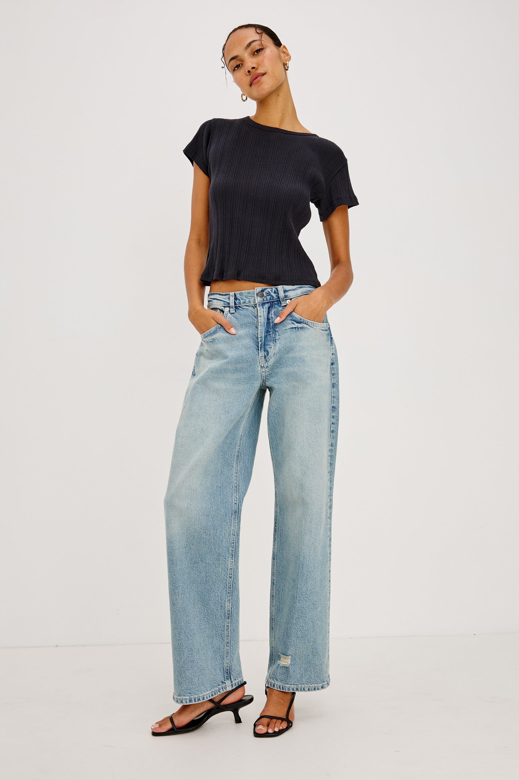 Del Mar Boyfriend Jean in Rigid Drapey Denim With Low-Slung Fit, Wide Relaxed Legs, 5-Pockets, and Button Fly in Archive Colorway - Full body front view featured on model.