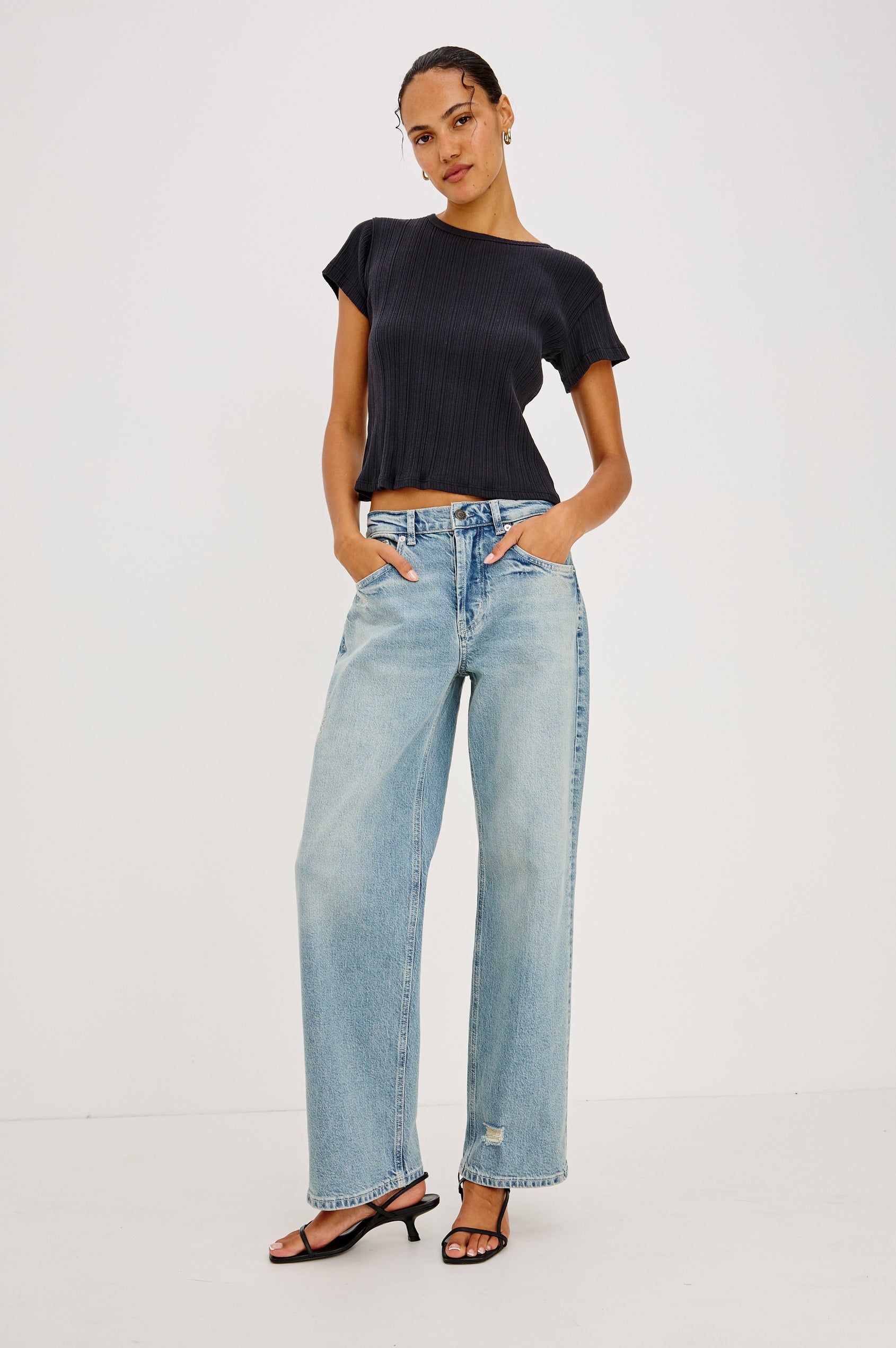 Del Mar Boyfriend Jean in Rigid Drapey Denim With Low-Slung Fit, Wide Relaxed Legs, 5-Pockets, and Button Fly in Archive Colorway - Full body front view featured on model.