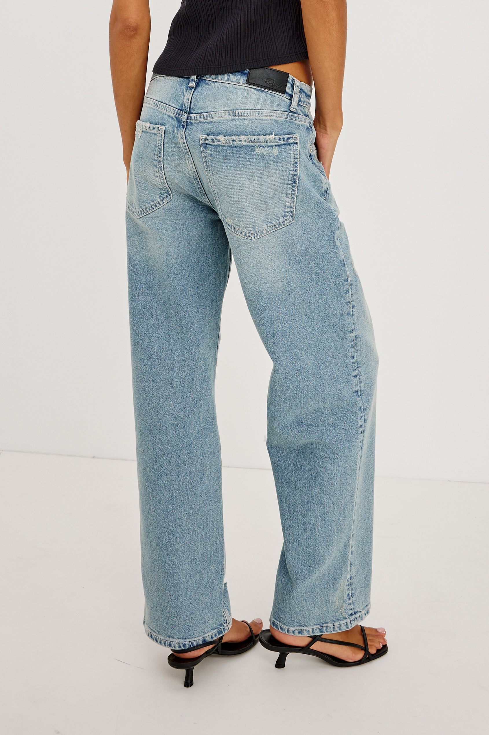 Del Mar Boyfriend Jean in Rigid Drapey Denim With Low-Slung Fit, Wide Relaxed Legs, 5-Pockets, and Button Fly in Archive Colorway - Back view featured on model.