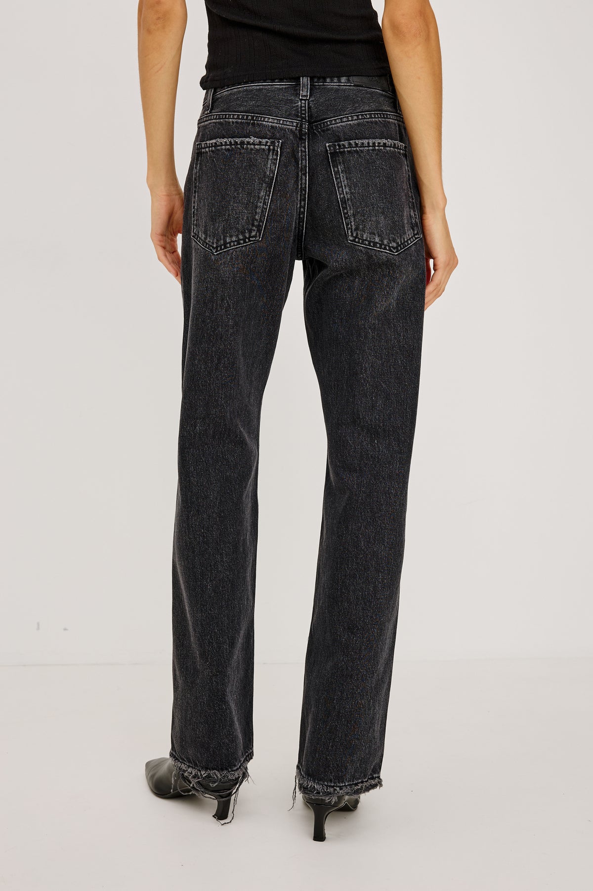 Del Mar Boyfriend Jean in Rigid Drapey Denim With Low-Slung Fit, Wide Relaxed Legs, 5-Pockets, and Button Fly in Nigh Cap ColorwayUpper Body Back View Featured on Model.