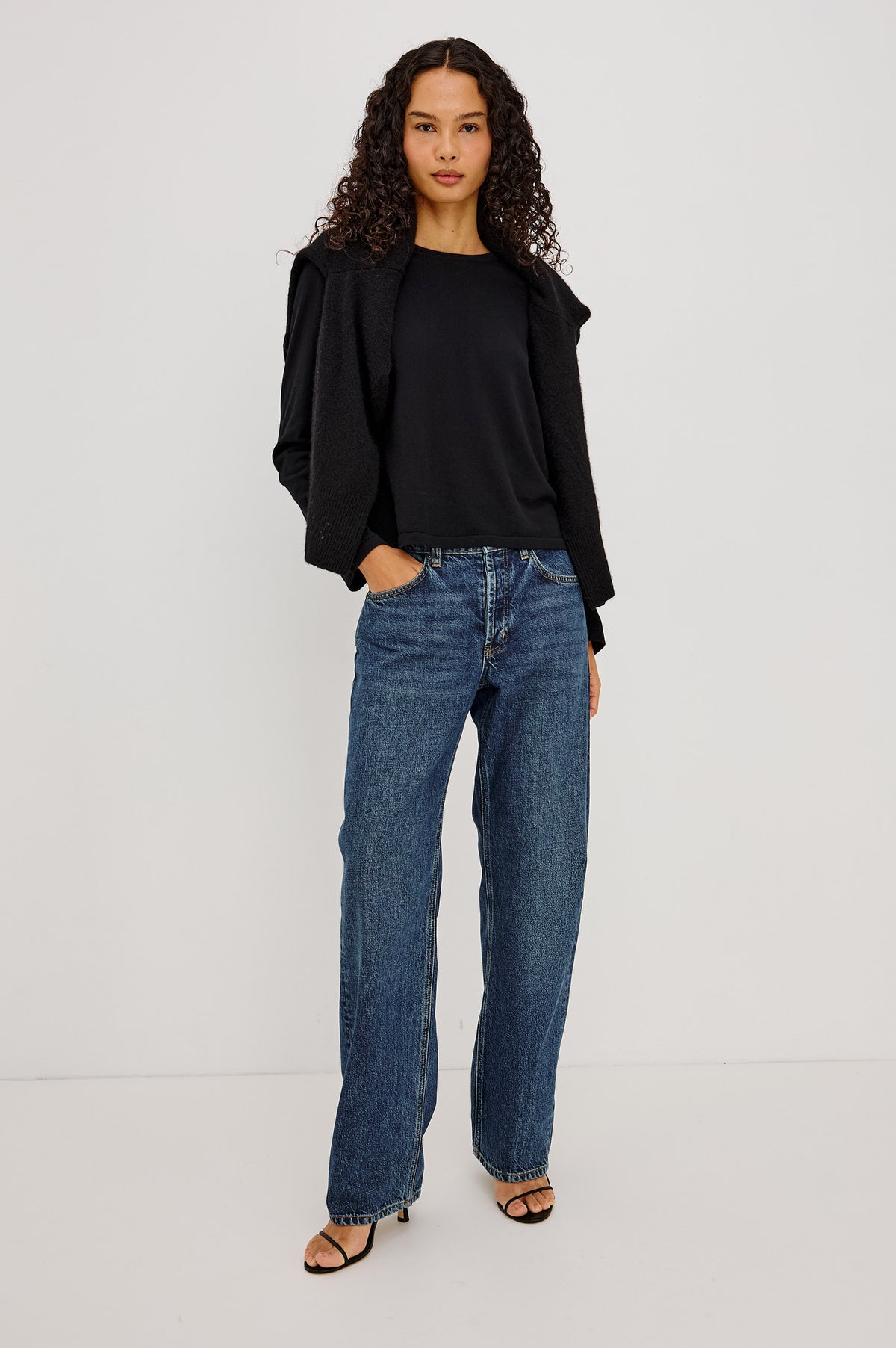 Del Mar Boyfriend Jean in Rigid Drapey Denim With Low-Slung Fit, Wide Relaxed Legs, 5-Pockets, and Button Fly in Upstream Colorway - Full Body Front View Featured on Model