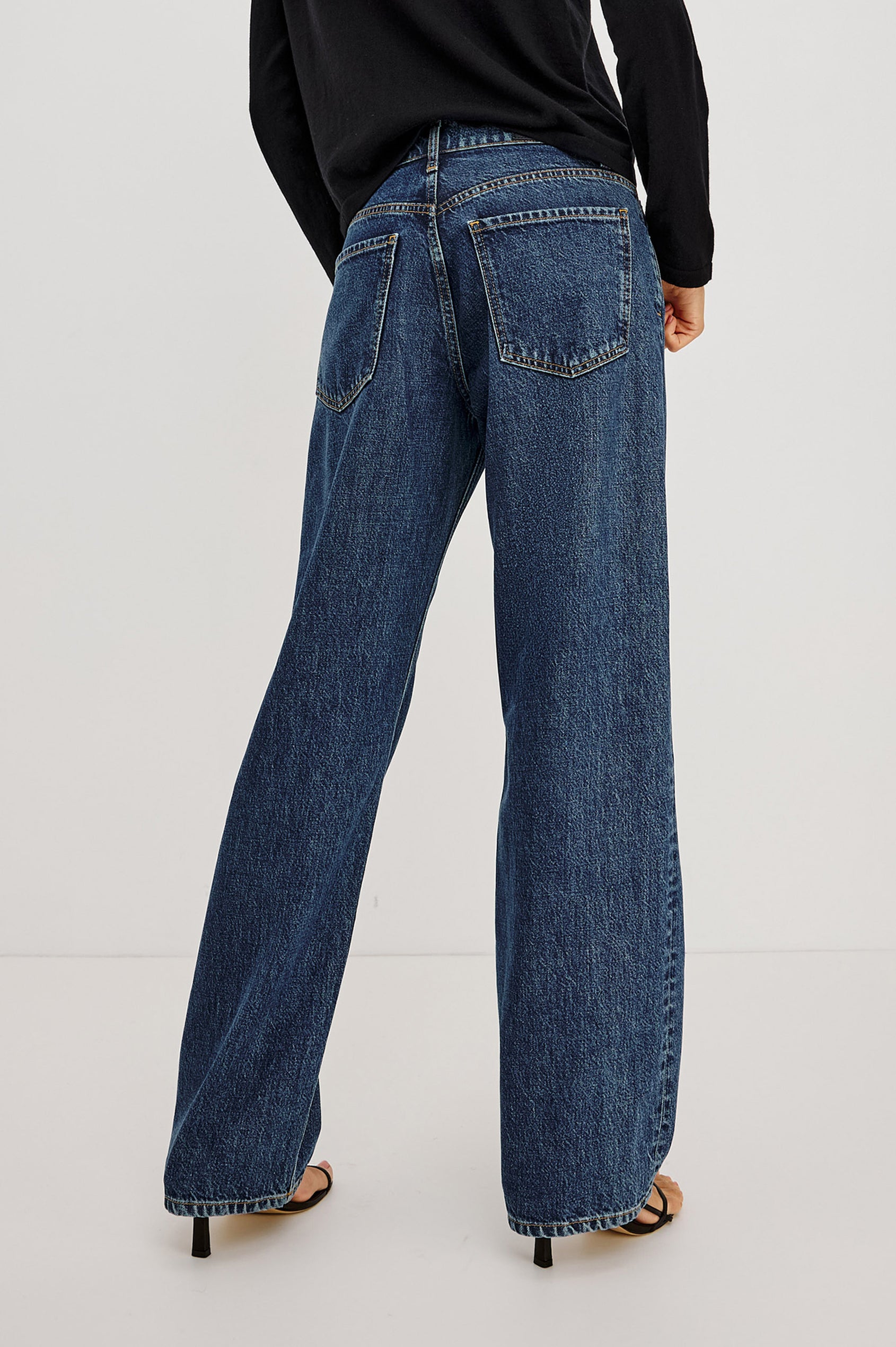 Del Mar Boyfriend Jean in Rigid Drapey Denim With Low-Slung Fit, Wide Relaxed Legs, 5-Pockets, and Button Fly in Upstream Colorway - Lower Body Back View Featured on Model