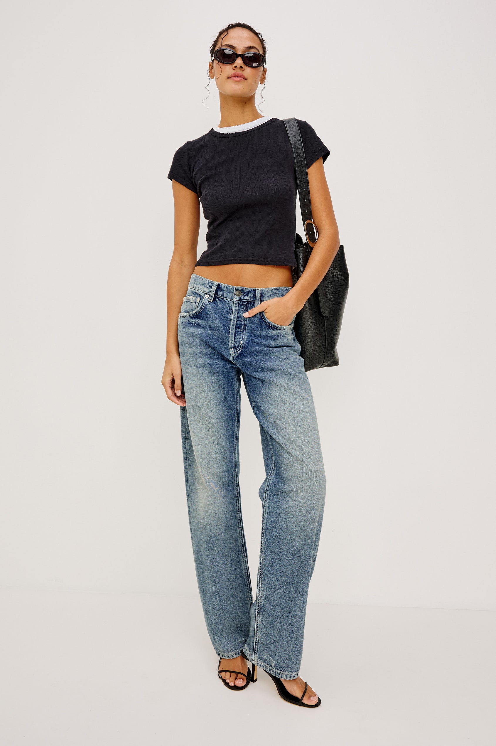 Del Mar Low-Rise Wide Straight Leg Jean in With Relaxed Fit in Vintage Azure Colorway - Full Body Front View Featured on Model