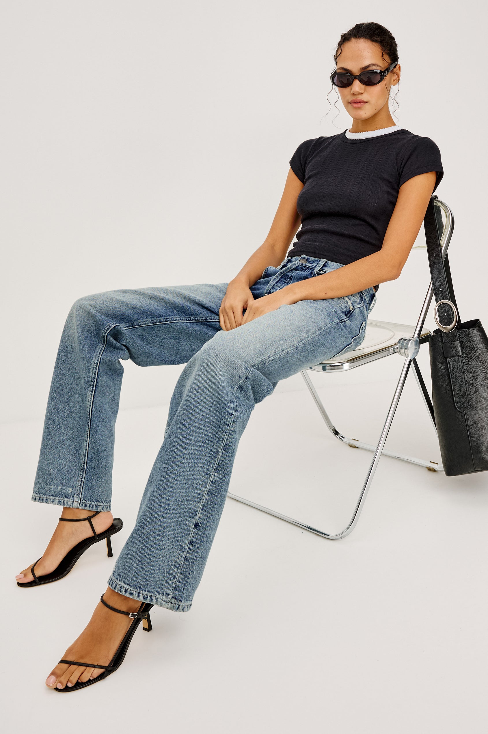 Del Mar Low-Rise Wide Straight Leg Jean in With Relaxed Fit in Vintage Azure Colorway - Lower Body Back View Featured on Model