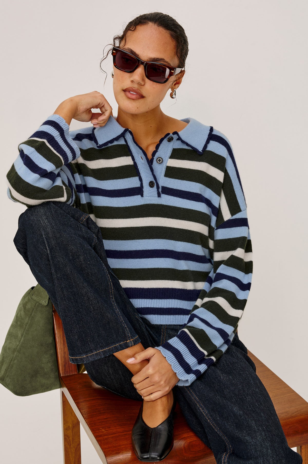 Delora Rugby Sweater in Wool Blend Knit in Loose, Boxy Fit, With Long Sleeves, Quarter-Button Placket, and Scalloped Trim in Sky Forest Stripe Colorway - Upper Body Front View Featured on Model Stylized
