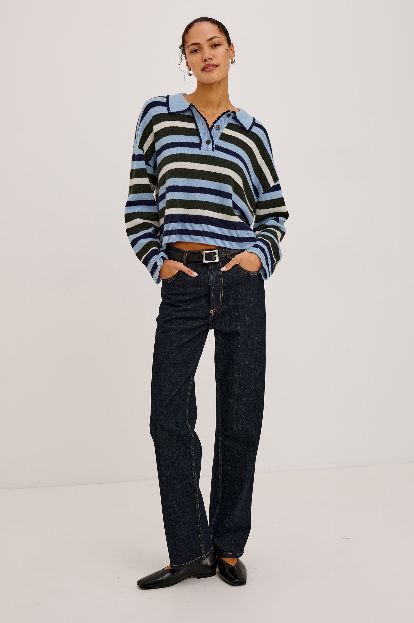 Delora Rugby Sweater in Wool Blend Knit in Loose, Boxy Fit, With Long Sleeves, Quarter-Button Placket, and Scalloped Trim in Sky Forest Stripe Colorway - Full Body Front View Featured on Model