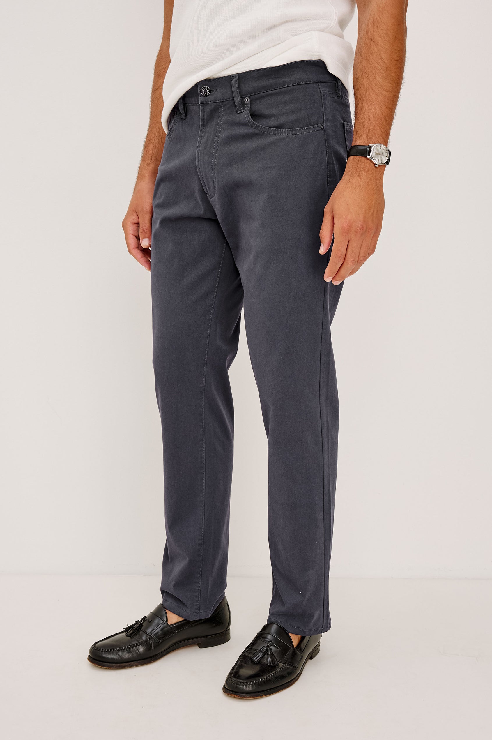 Dempsey Slim Straight Pant in Cotton Stretch With Front Zip Fly, 5-Pockets, and Belt Loops in Faded Grey Colorway - Lower Body Front View Featured on Model