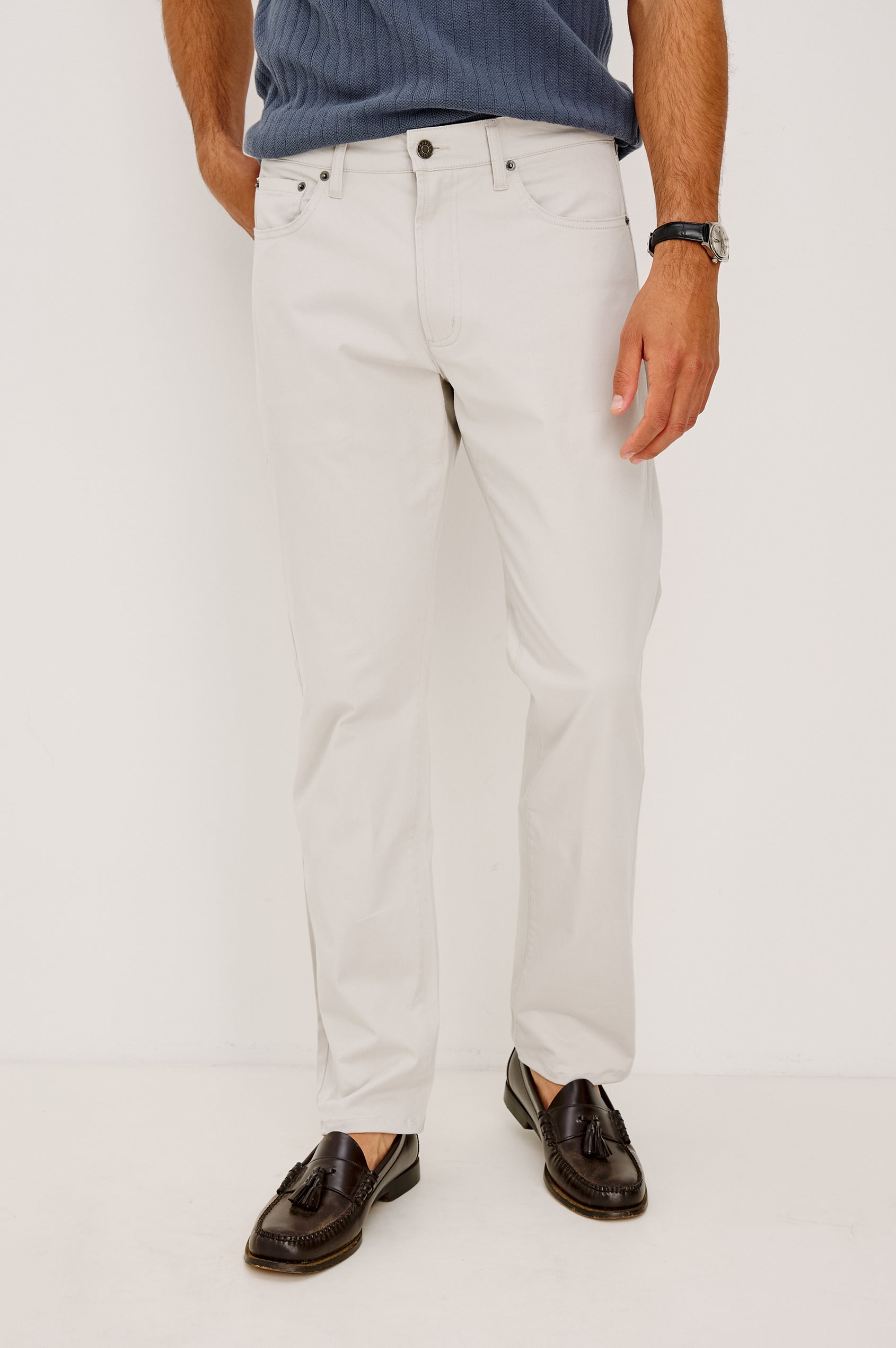 Dempsey Slim Straight Pant in Cotton Stretch With Front Zip Fly, 5-Pockets, and Belt Loops in Stone Colorway - Lower Body Front View Featured on Model