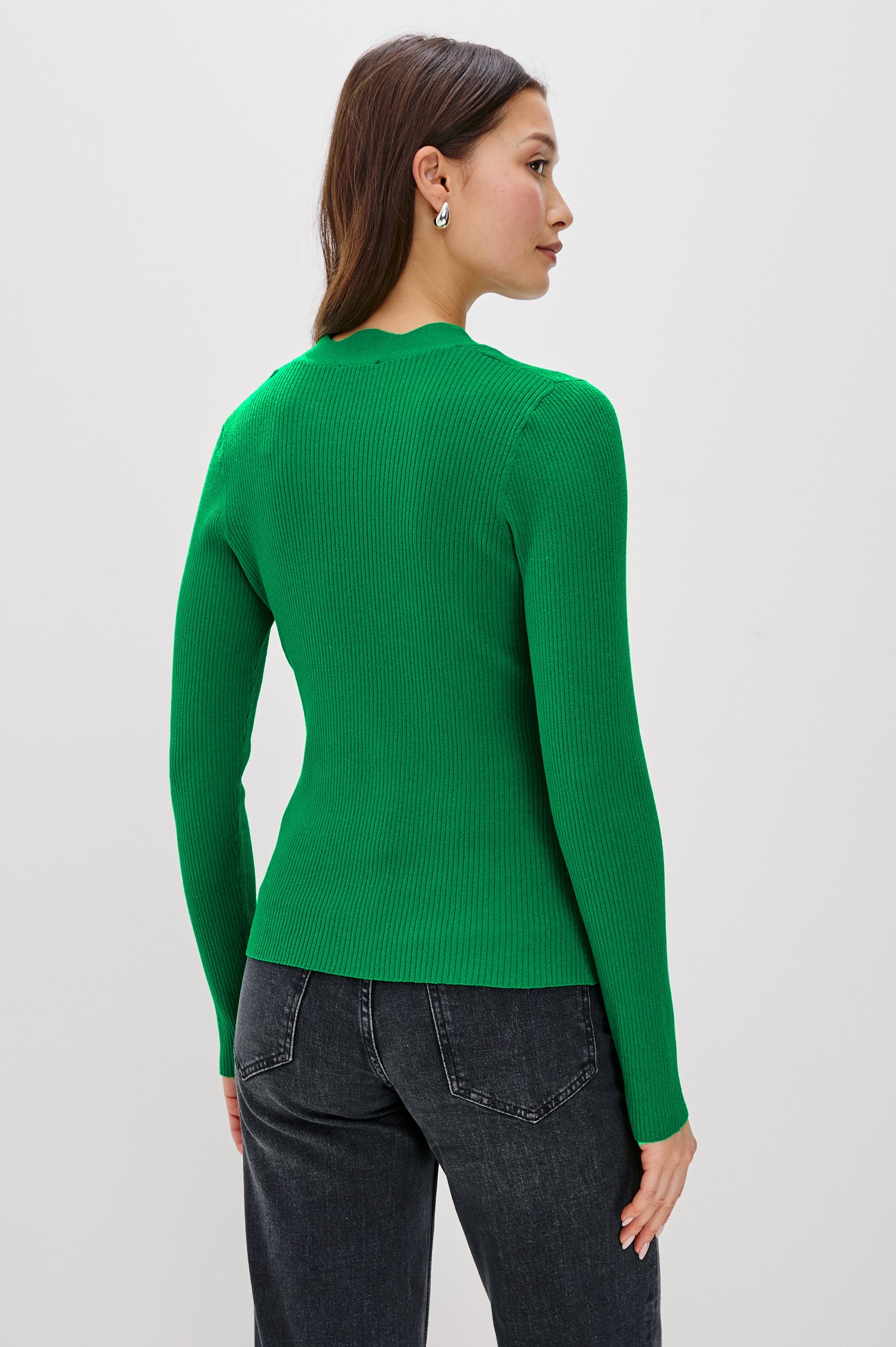 Dita Long-Sleeve Cardigan with Button Closure, a V neck and Scalloped Trim along the Neckline and Closure in Kelly Green Colorway - Back View Featured on Model