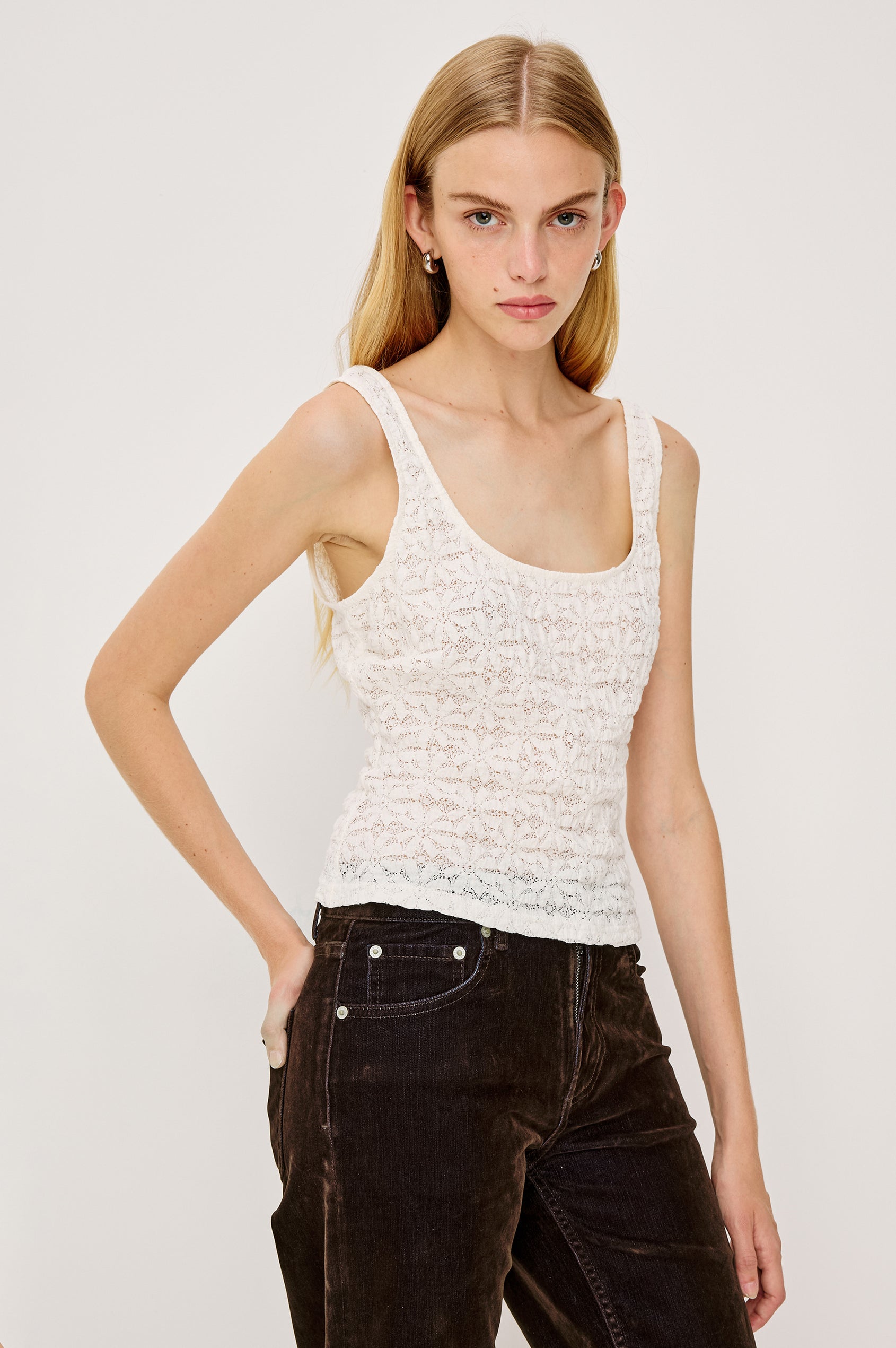 Donya Tank Top in Sheer Floral Stretch Lace With Scoop Neckline and Wide Shoulder Straps in Ivory Colorway - Upper Body Front View Featured on Model