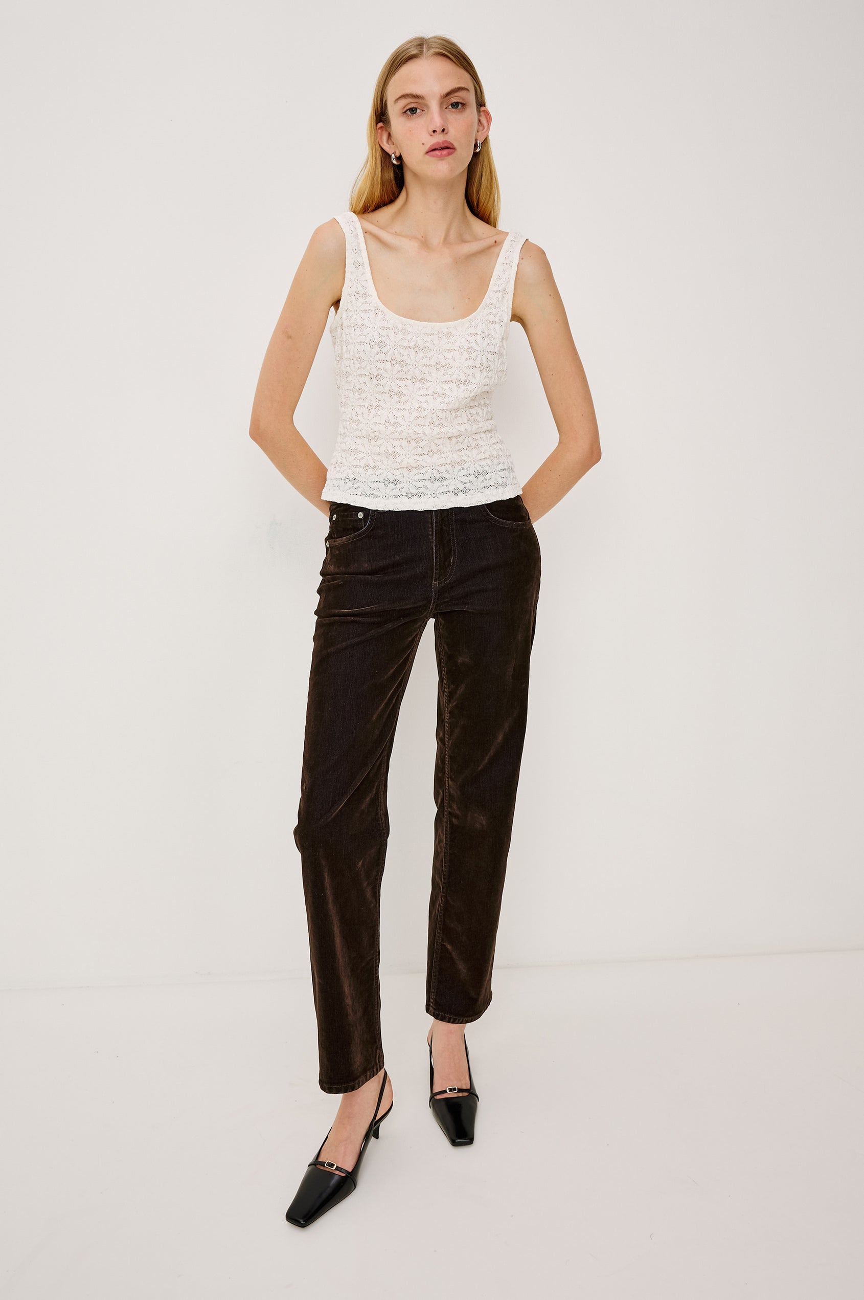 Donya Tank Top in Sheer Floral Stretch Lace With Scoop Neckline and Wide Shoulder Straps in Ivory Colorway - Full Body Front View Featured on Model