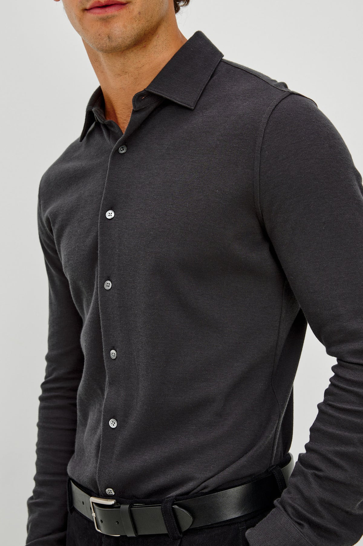Dunn Shirt in Pique Knit With Front Buttons, Slim Fit, Collar, and Long Sleeves in Shadow Colorway - Upper Body Front Detail View Featured on Model.