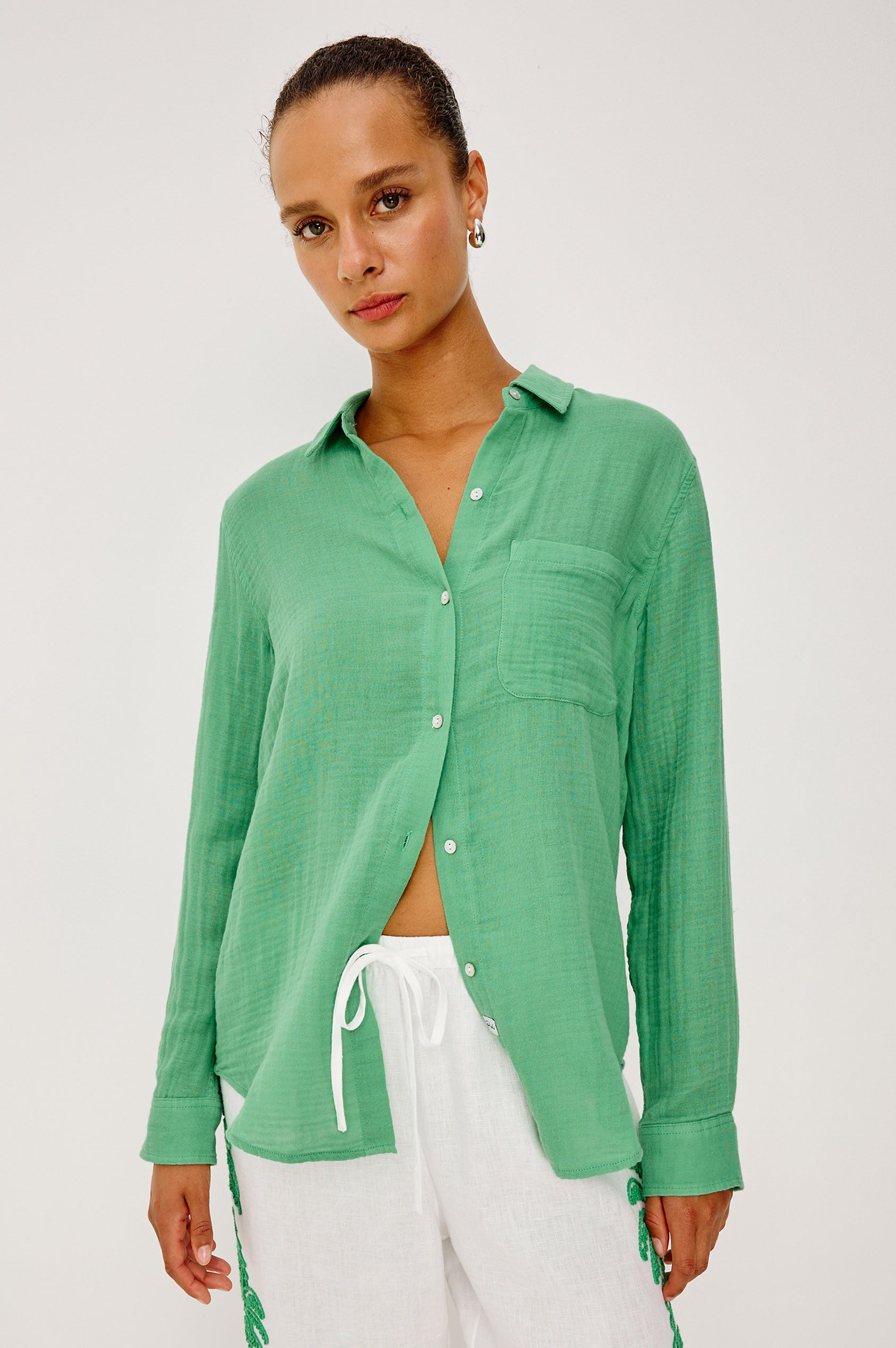 Ellis Button-Up Shirt in Organic Cotton Gauze With Relaxed Fit, Chest Patch Pocket, and Long Sleeves in Clover Colorway - Upper Body Front View Featured on Model