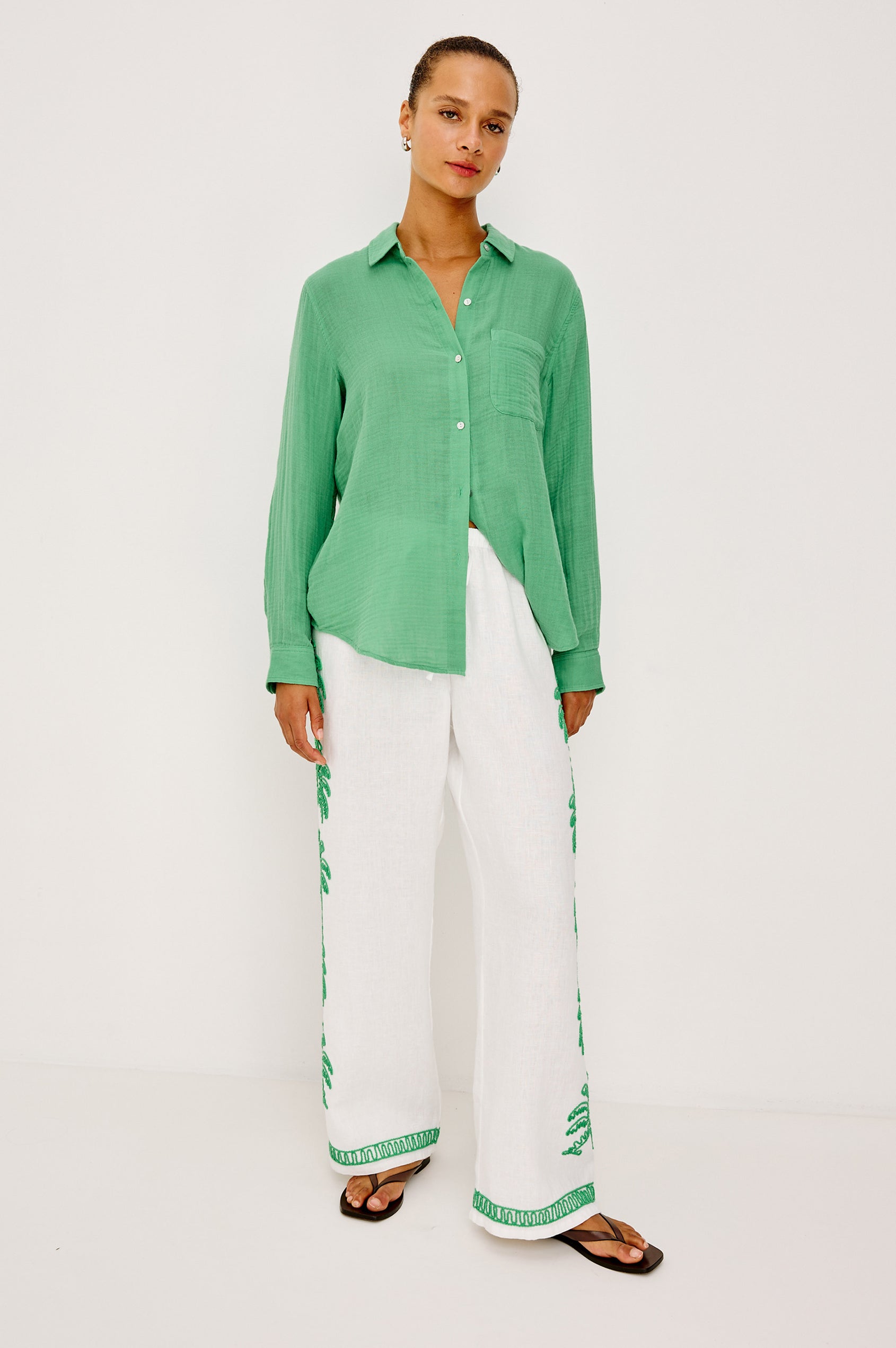 Ellis Button-Up Shirt in Organic Cotton Gauze With Relaxed Fit, Chest Patch Pocket, and Long Sleeves in Clover Colorway - Full Body Front View Featured on Model