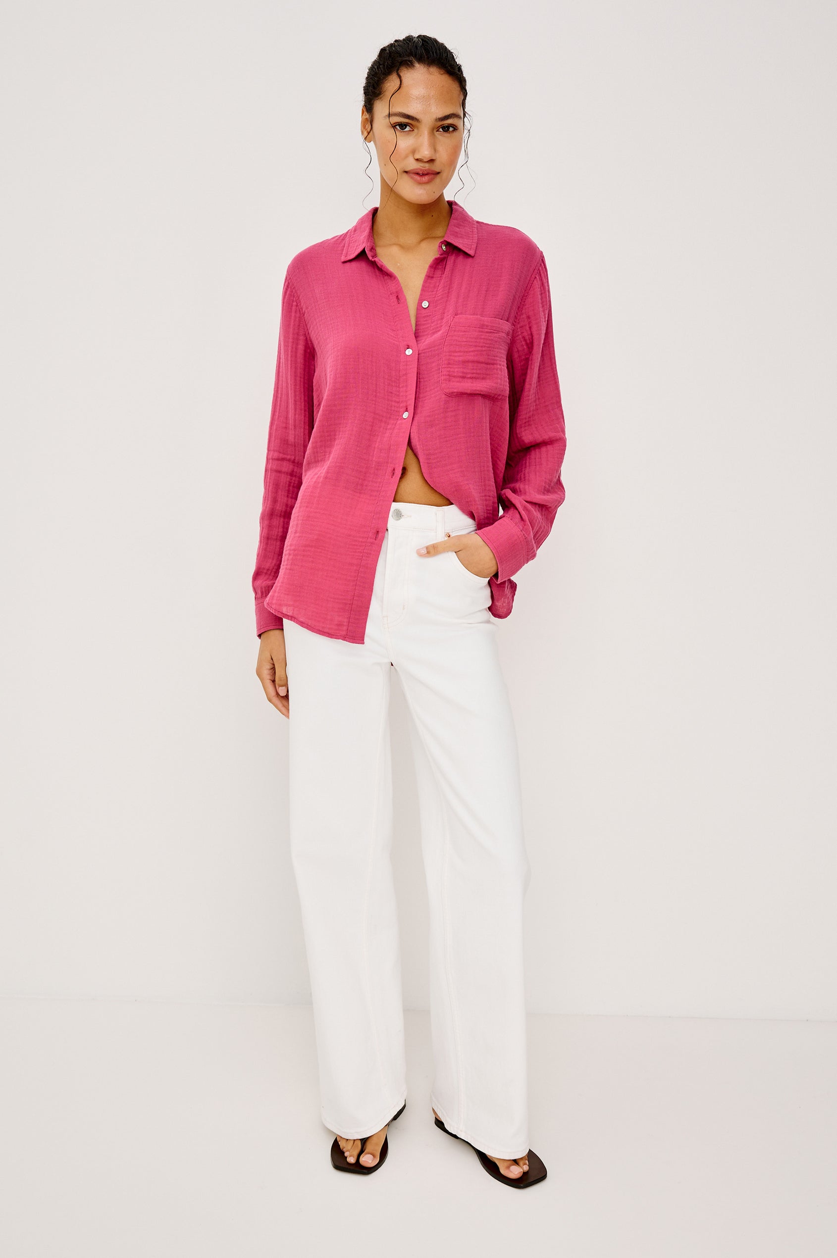 Ellis Button-Up Shirt in Organic Cotton Gauze With Relaxed Fit Chest Patch Pocket and Long Sleeves in Dark Rose Colorway - Full Body Front View Featured on Model