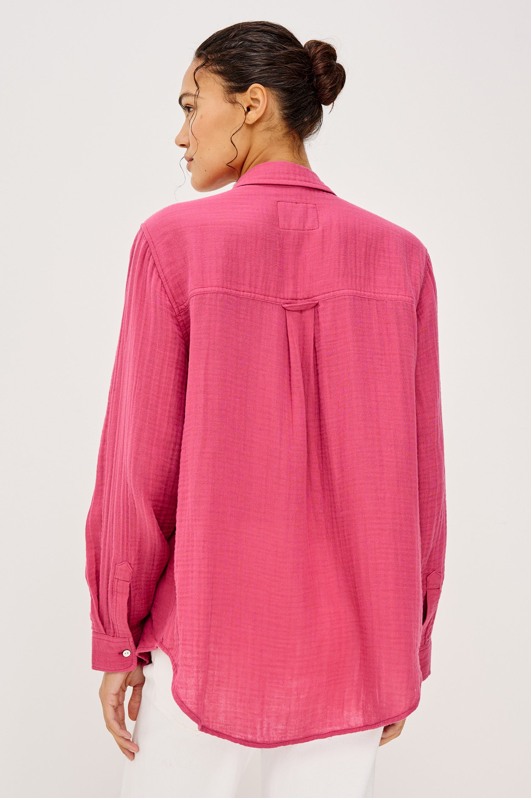 Ellis Button-Up Shirt in Organic Cotton Gauze With Relaxed Fit, Chest Patch Pocket, and Long Sleeves in Dark Rose Colorway - Upper Body Back View Featured on Model