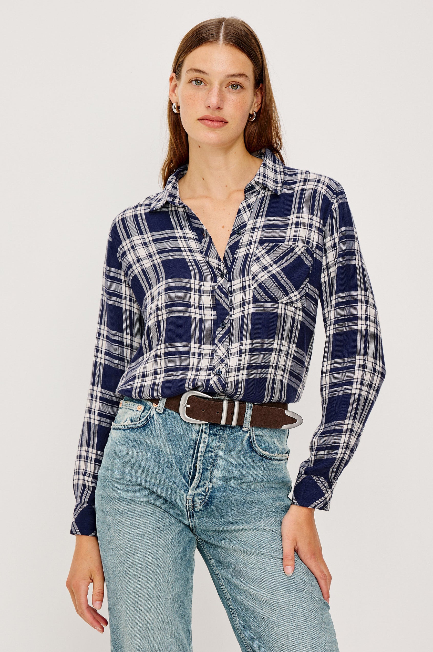Hunter Long-Sleeve Button Up with a Chest Patch Pocket in Indigo Navy Colorway, plaid - Front View Featured on Model