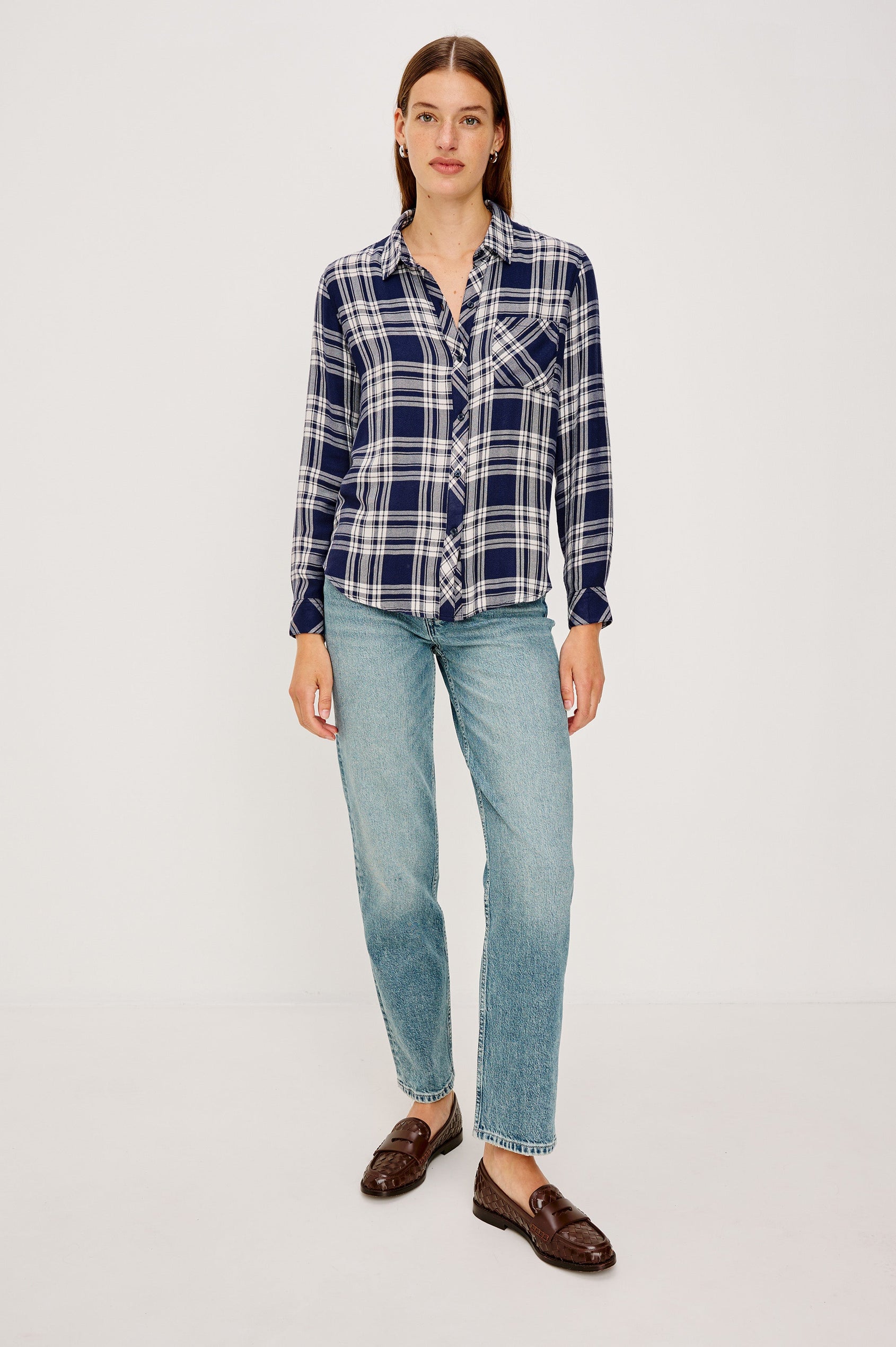 Hunter Long-Sleeve Button Up with a Chest Patch Pocket in Indigo Navy Colorway, plaid - Full Body Front View Featured on Model