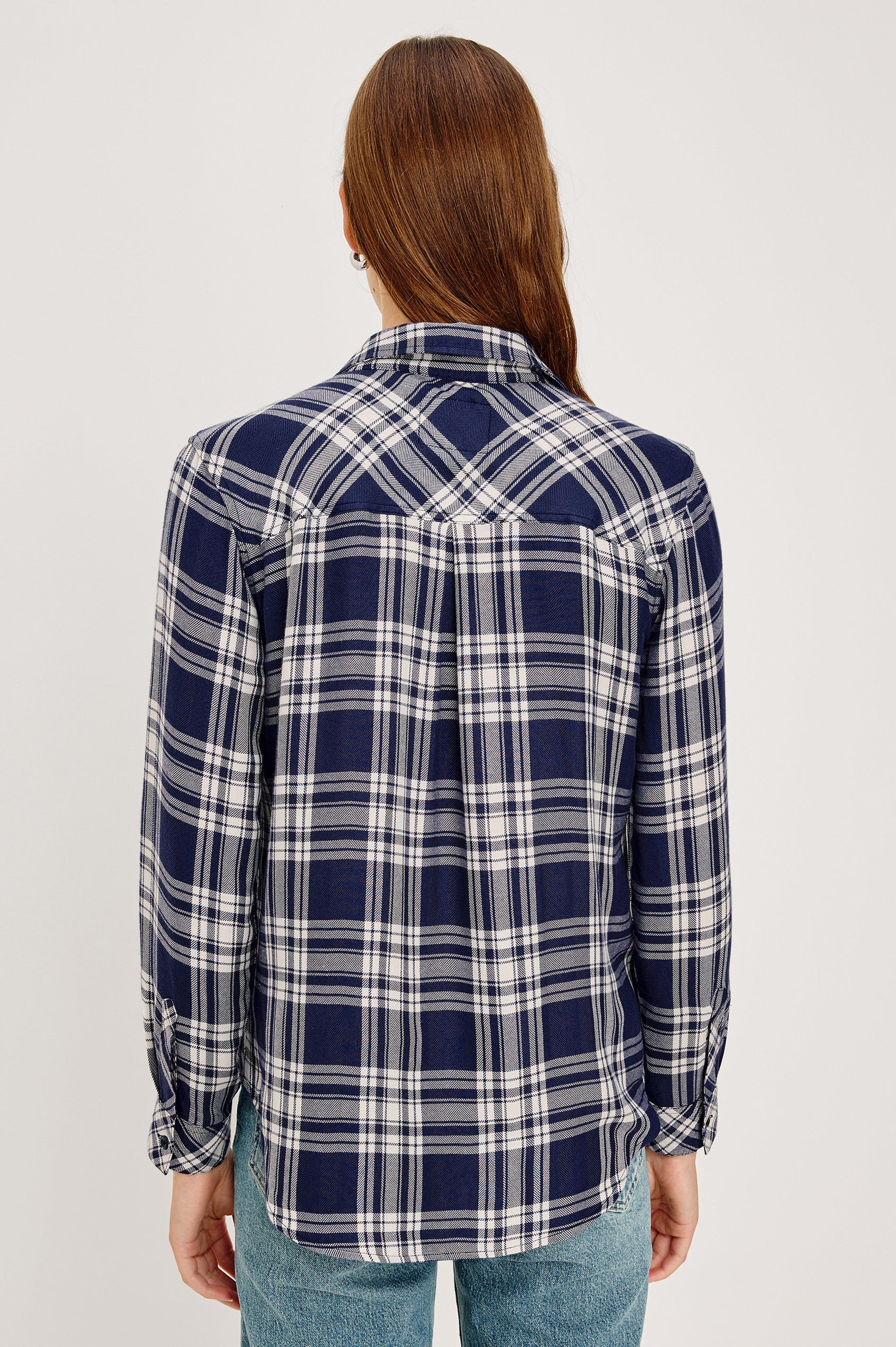 Hunter Long-Sleeve Button Up with a Chest Patch Pocket in Indigo Navy Colorway, plaid - Back View Featured on Model