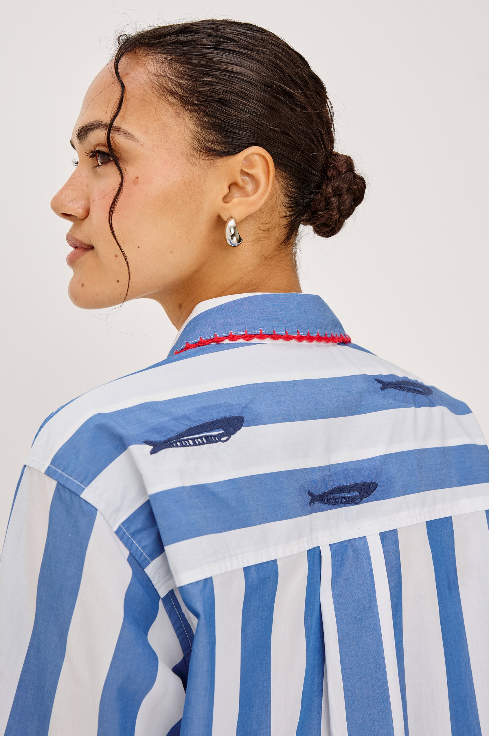 Elsa Button-Up Shirt in Cotton Poplin With Relaxed Oversized Fit, Classic, Chest Pocket, Long Sleeves, and Curved Hem in Dolce Vita Embroidery Colorway - Upper Body Back View Featured on Model