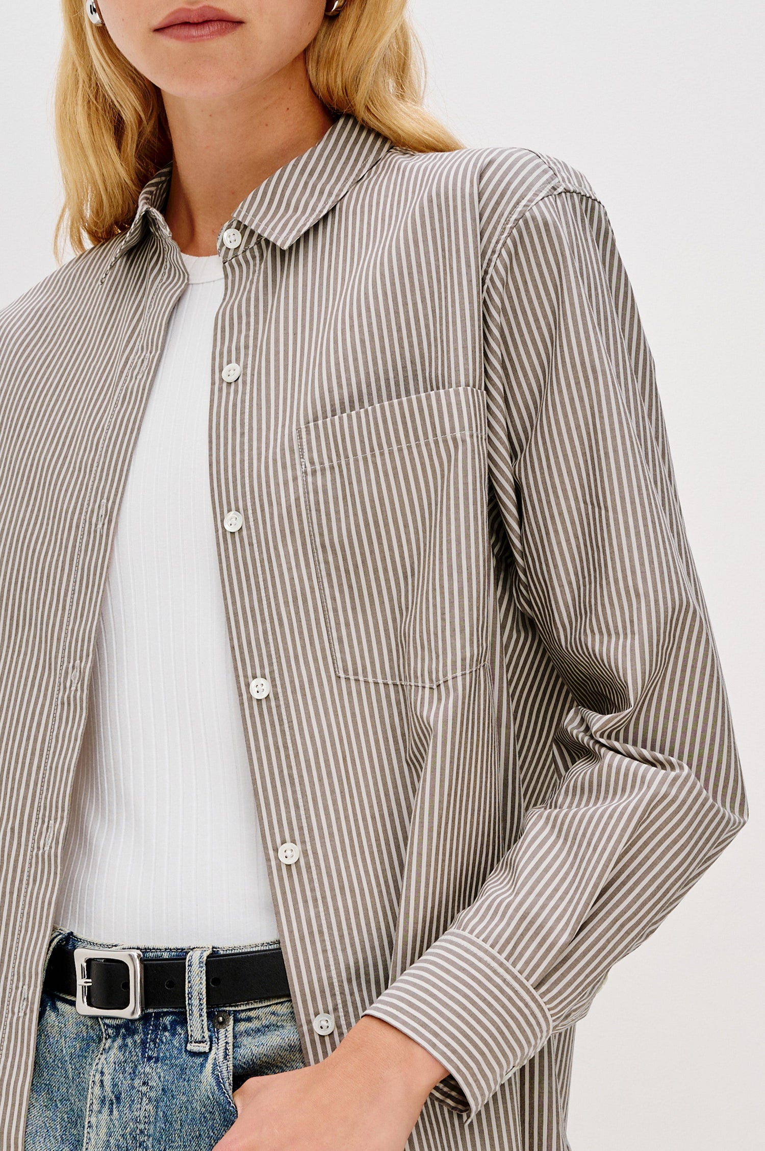 Elsa Oversized Long Sleeve Button Down Shirt With Collar And Cuffs In Noir Stripe Colorway - Close up of Details on Model