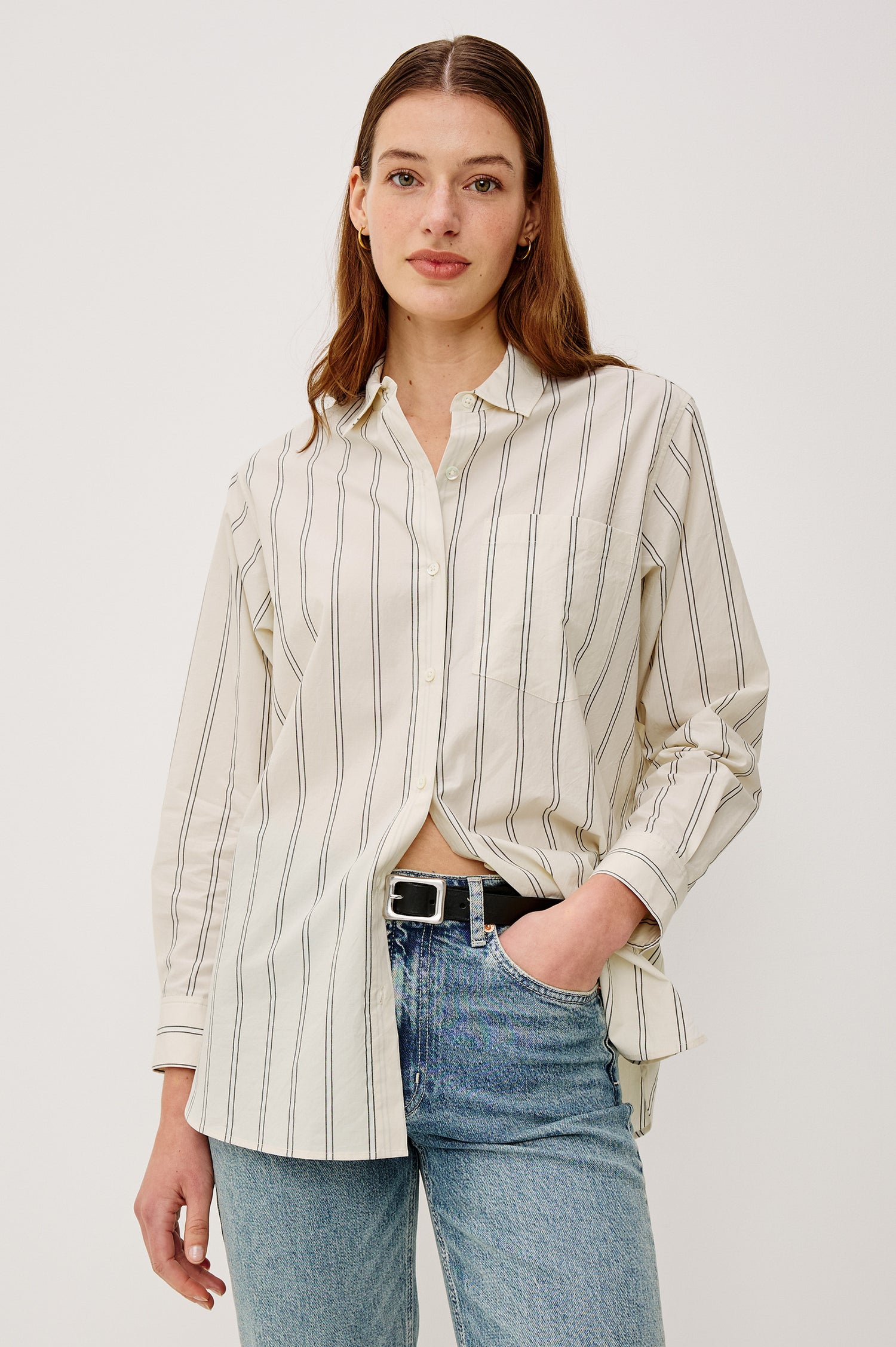 Elsa Button-Up Shirt in Cotton Poplin With Relaxed Oversized Fit Classic Chest Pocket Long Sleeves and Curved Hem in Palma Stripe Colorway - Upper Body Front View Featured on Model