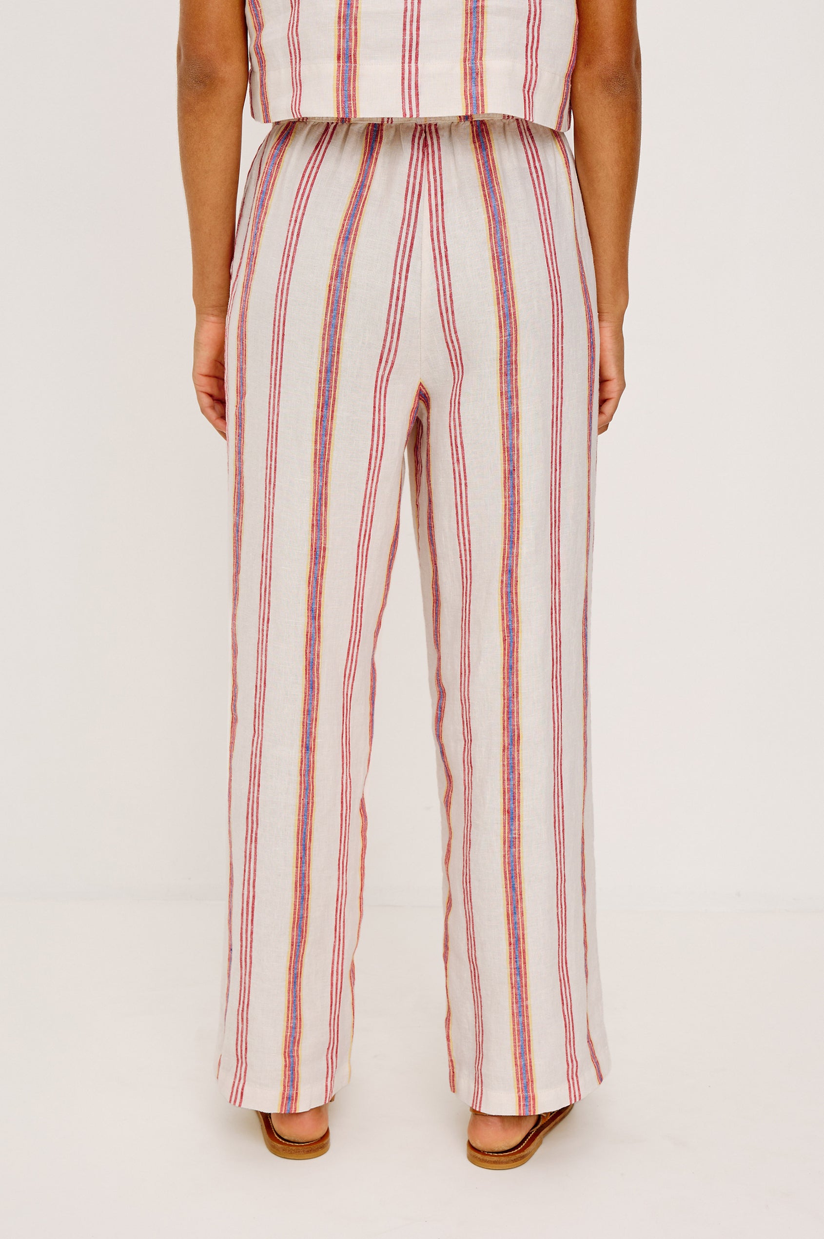 Emmie Straight Leg Pant in Unlined Linen With Adjustable Drawstring Waist Ties and Side Pockets in Primavera Stripe Colorway — Lower Body Back View Featured on Model