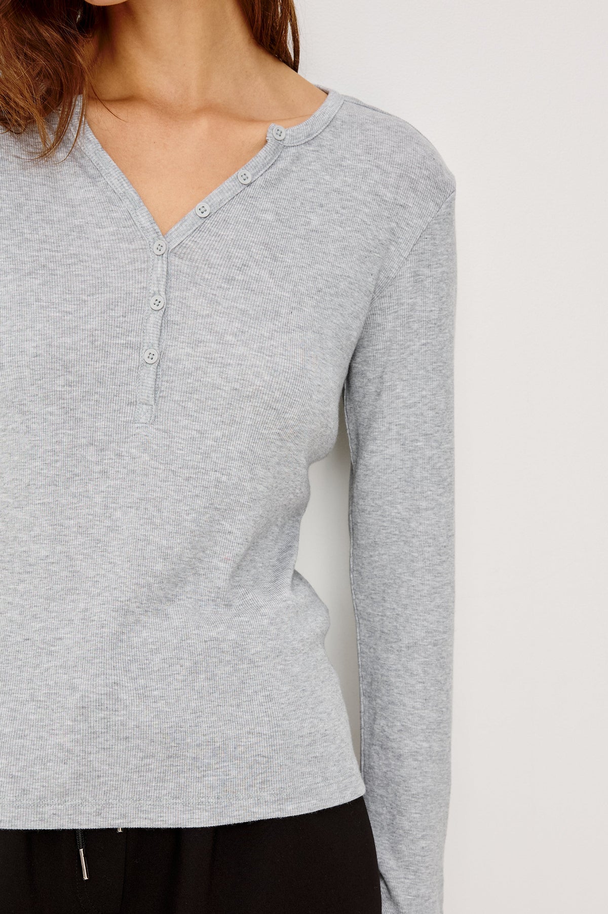 Essential Ribbed Henley With Front Placket and Long Sleeves in Heather Grey Colorway - Upper Body Close Up Front View Featured on Model