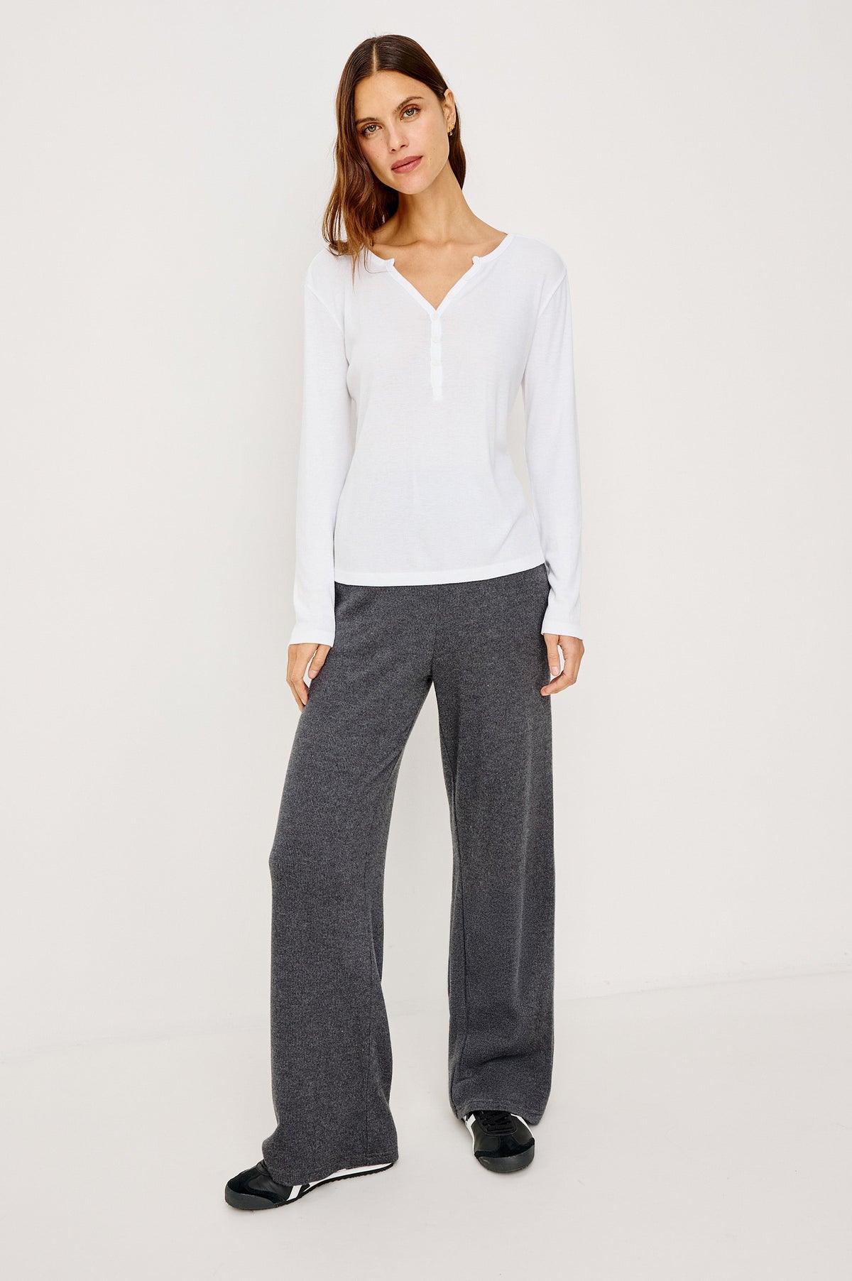 Essential Ribbed Henley With Front Placket and Long Sleeves in White Colorway - Full Body Front View Featured on Model