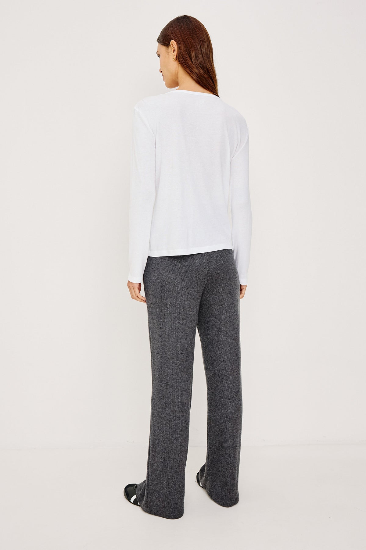 Essential Ribbed Henley With Front Placket and Long Sleeves in White Colorway - Upper Body Back View Featured on Model