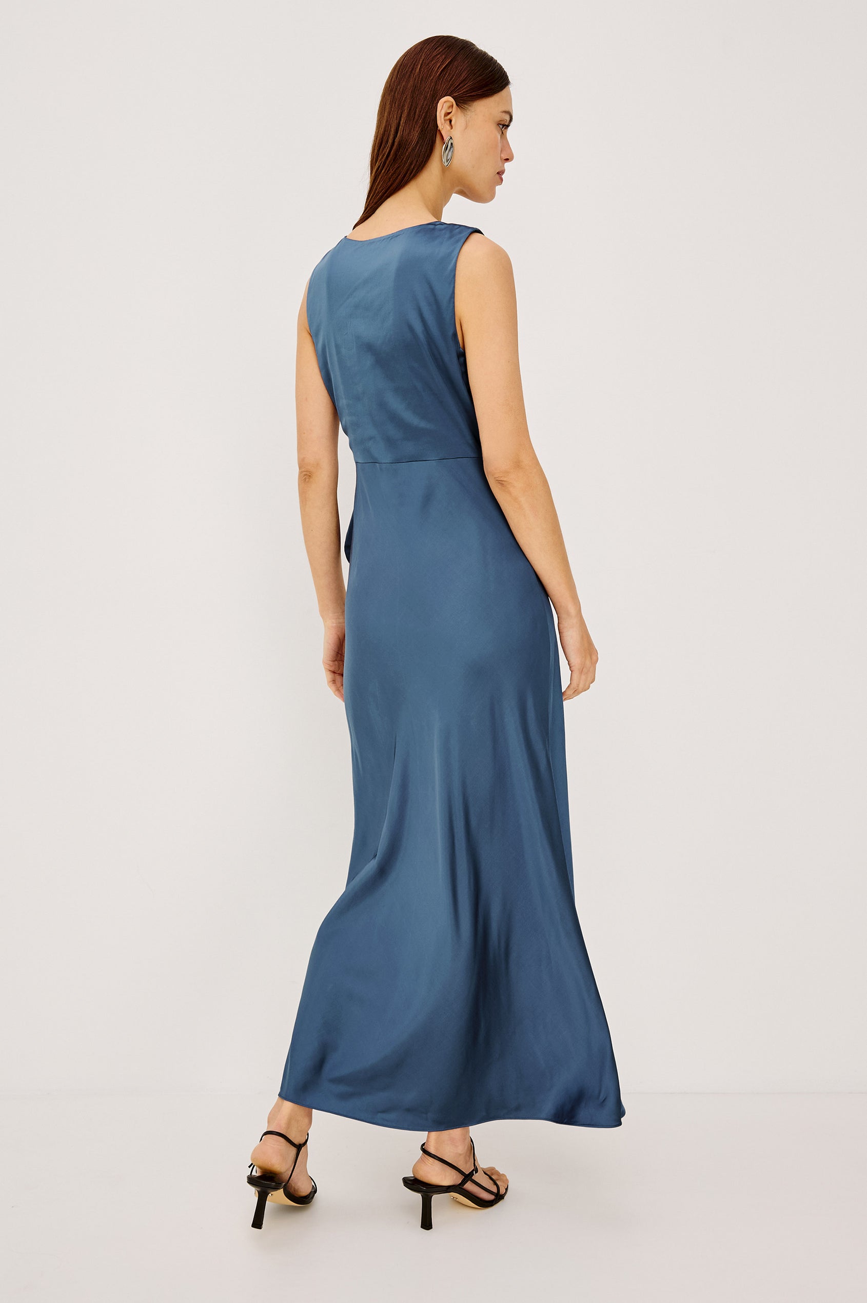 Eva Midi Dress in Satin-Back Crepe With V-Neckline, Bias Cut, Fixed Side Ties, and Side Seam Zip in Atlantic Colorway - Full Body Back View Featured on Model