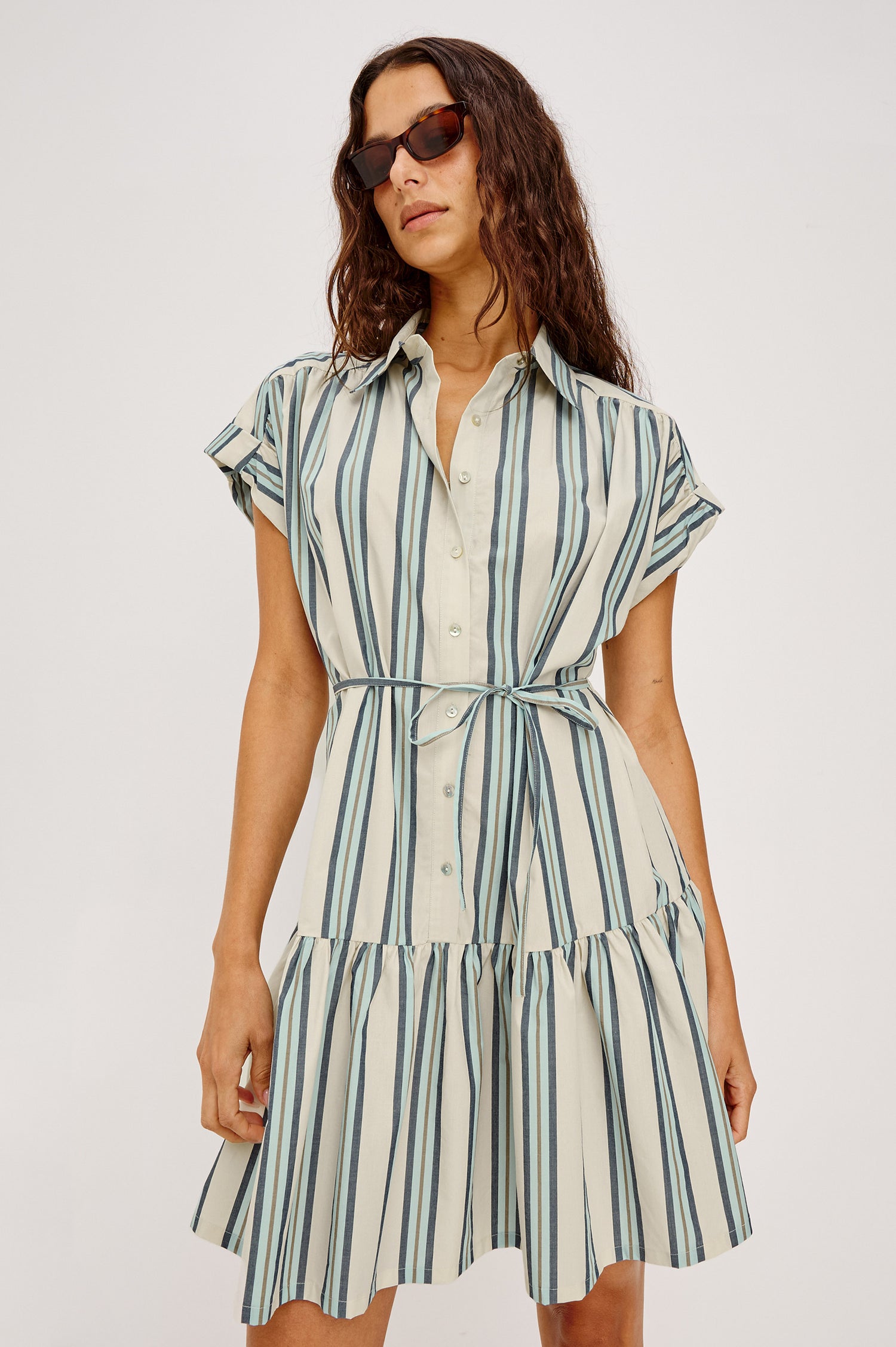 Evaline Mini Shirt Dress in Cotton Poplin With Collar, Rolled Short Sleeves, Front Buttons, and Single-Tier Hem in Marsala Stripe Colorway - Upper Body Front View Featured on Model