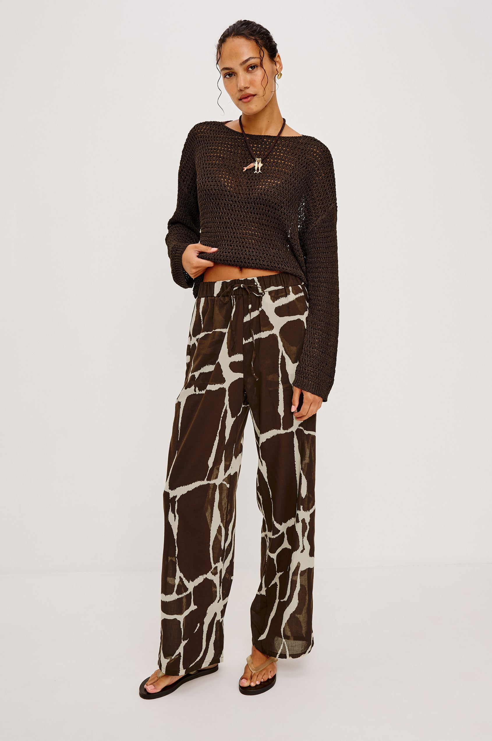 Evangeline Open Knit Oversized Sweater With Dropped Shoulders and Long Sleeves in Espresso Colorway - Full Body Front View Featured on Model